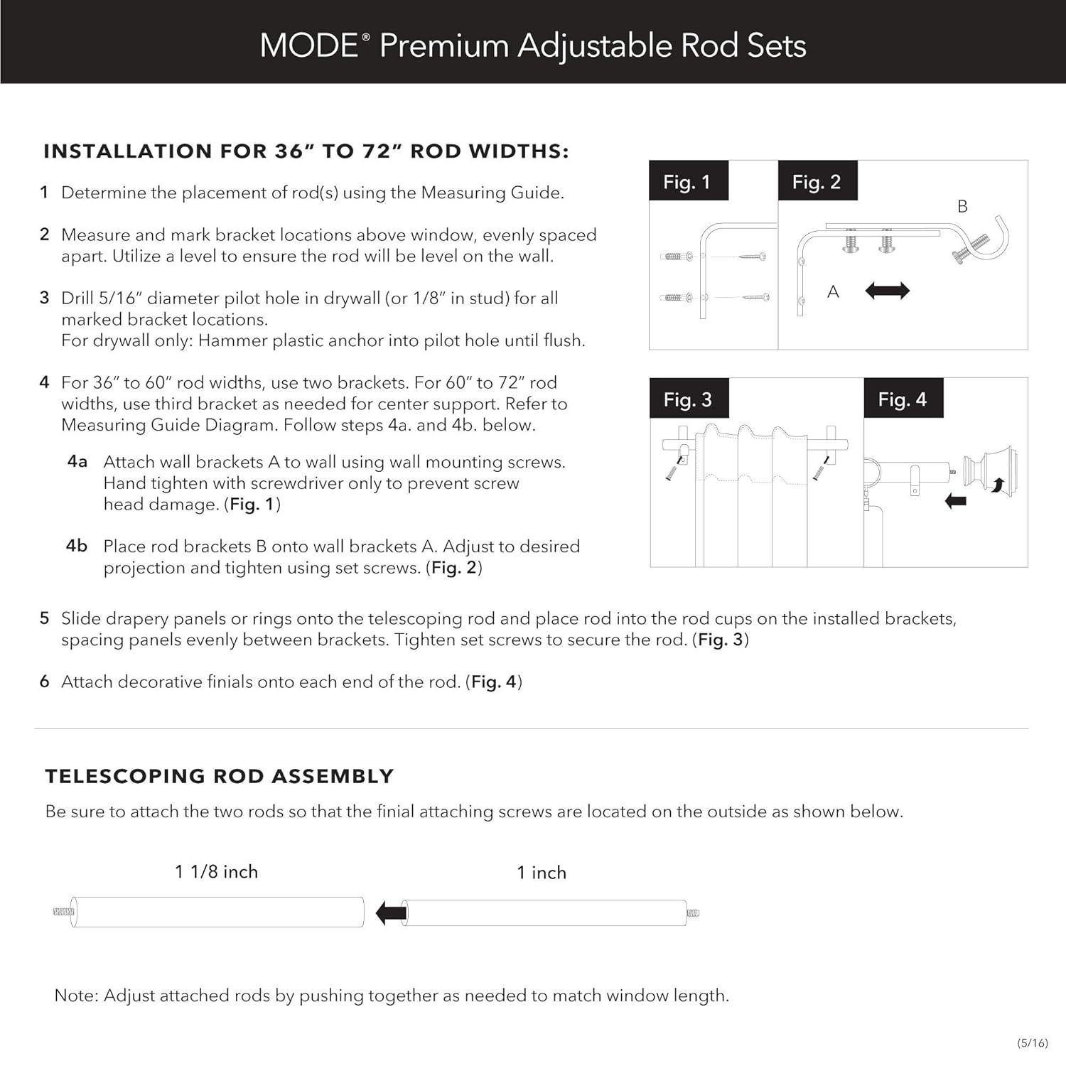 MODE Mode Premium Collection 1 1/8 in Diameter Curtain Rod, Cylinder Finials and Steel Wall Mounted Adjustable Rod