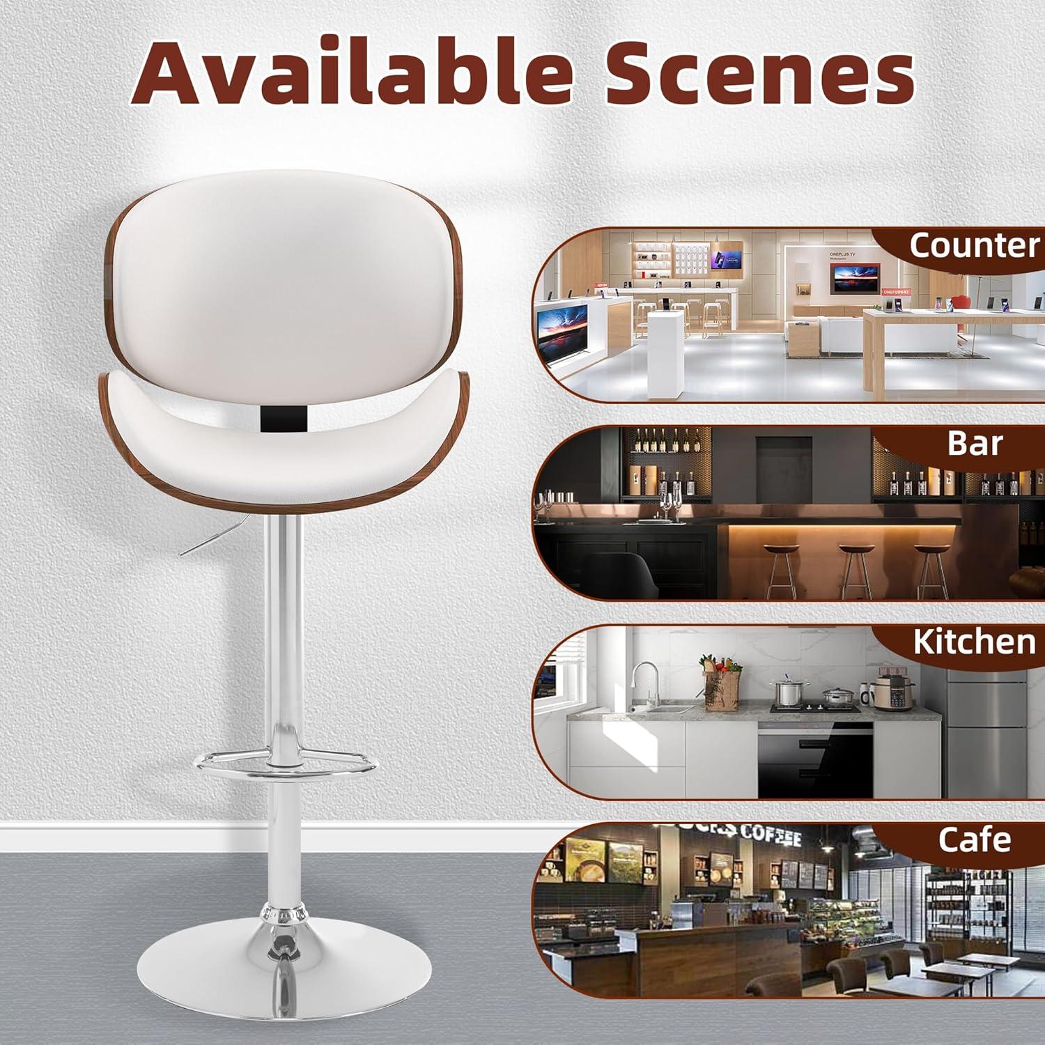 civama Bar Stools Set of 2 for Kitchen Counter, Adjustable Bar Height Chairs, Modern Swivel Barstools with Bentwood Seat and Back with Footrest, for Kitchen Island, Dining Room, White PU Leather