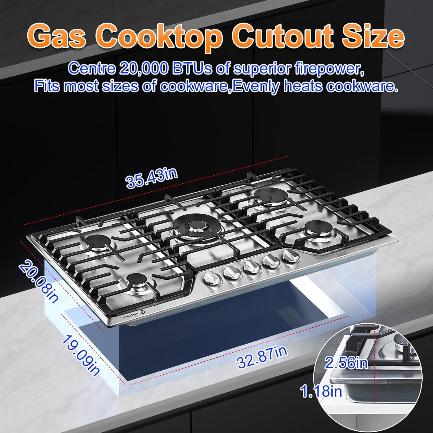 36-Inch Stainless Steel 5-Burner Gas Cooktop with Cast Iron Grates