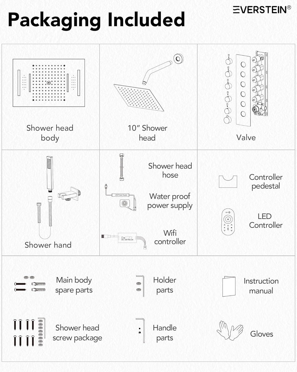 EVERSTEIN Music Thermostatic Shower System,Dual Showerheads with LED Mood Lighting SFS-1051-BK
