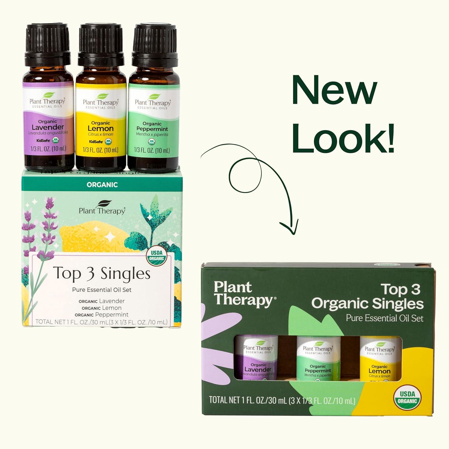 Plant Therapy Top 3 Organic Singles Set 10 mL (1/3 oz) Lemon, Lavender & Peppermint 100% Pure, Undiluted, Natural Aromatherapy