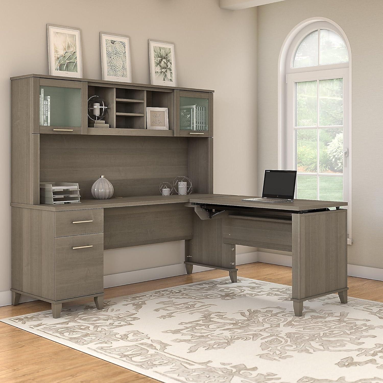 Bush Furniture Somerset 72W Sit to Stand L Desk with Hutch in Hansen Cherry