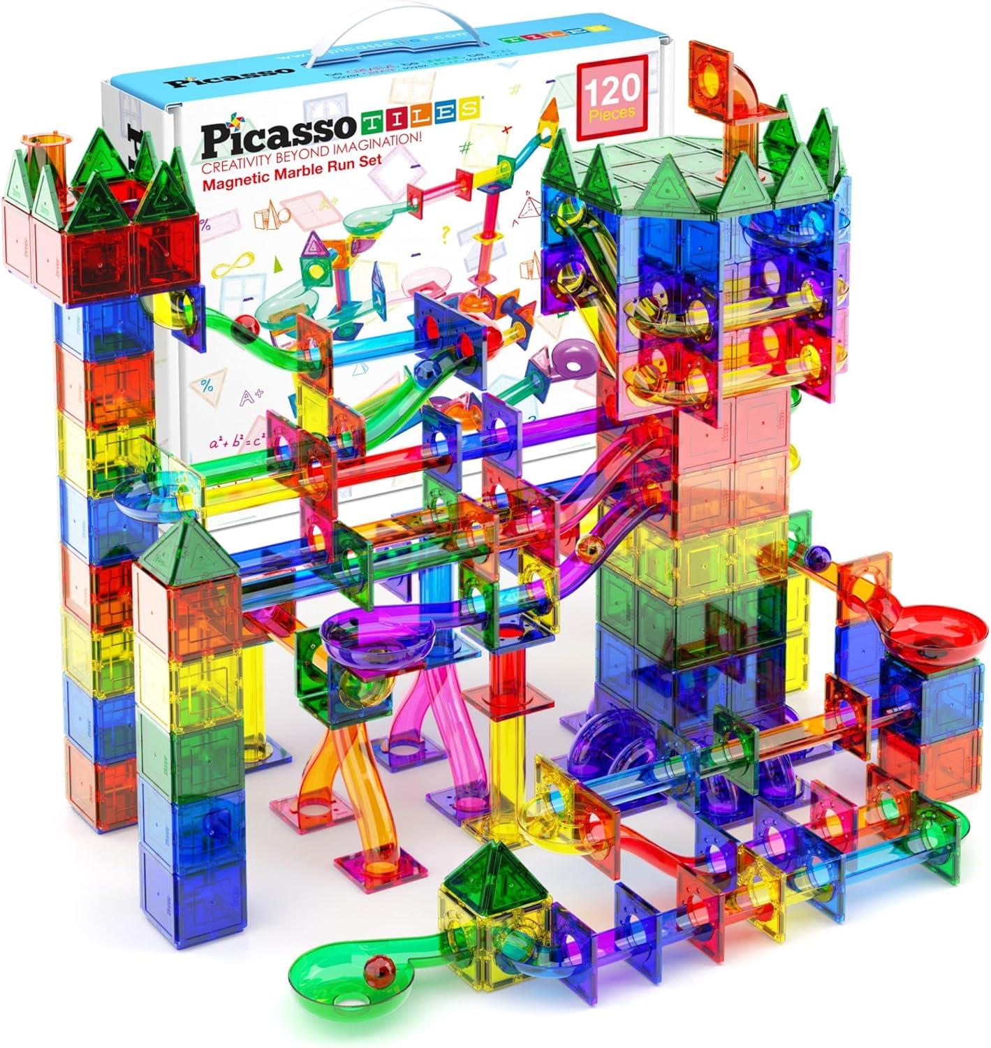 PICASSO-TILES Marble Run Race Track Set,  Magnetic Tiles, Building Blocks, STEM Toys for Kids, 120pc