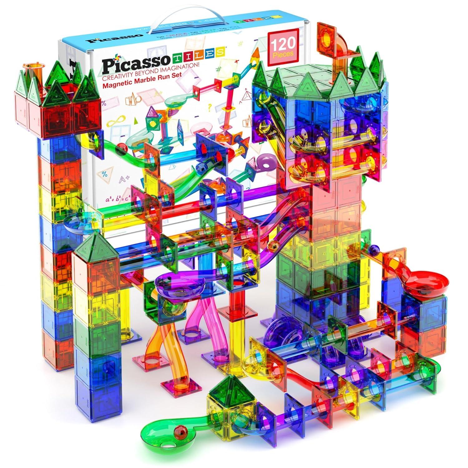 PICASSO-TILES Marble Run Race Track Set,  Magnetic Tiles, Building Blocks, STEM Toys for Kids, 120pc
