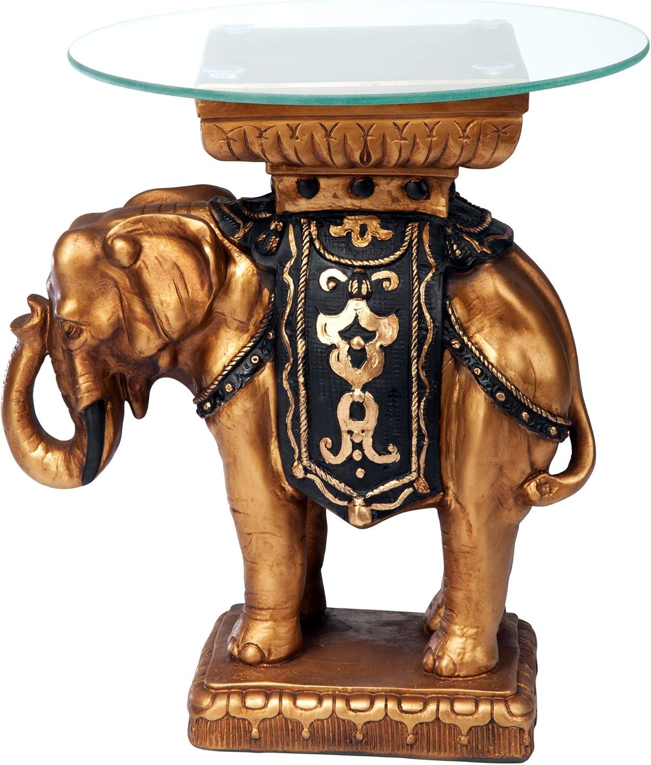 Majestic Maharajah Elephant 18" Glass-Topped Side Table in Black and Gold