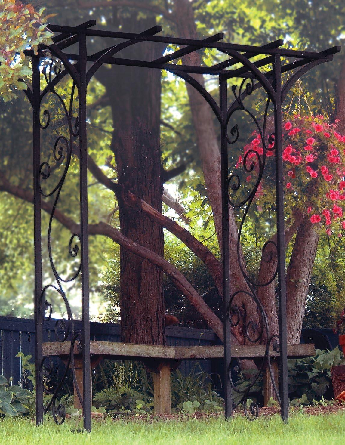 Panacea Vine 84" Black Steel Garden Arbor, 4' Wide Metal Arch, Elegant Scrollwork Design
