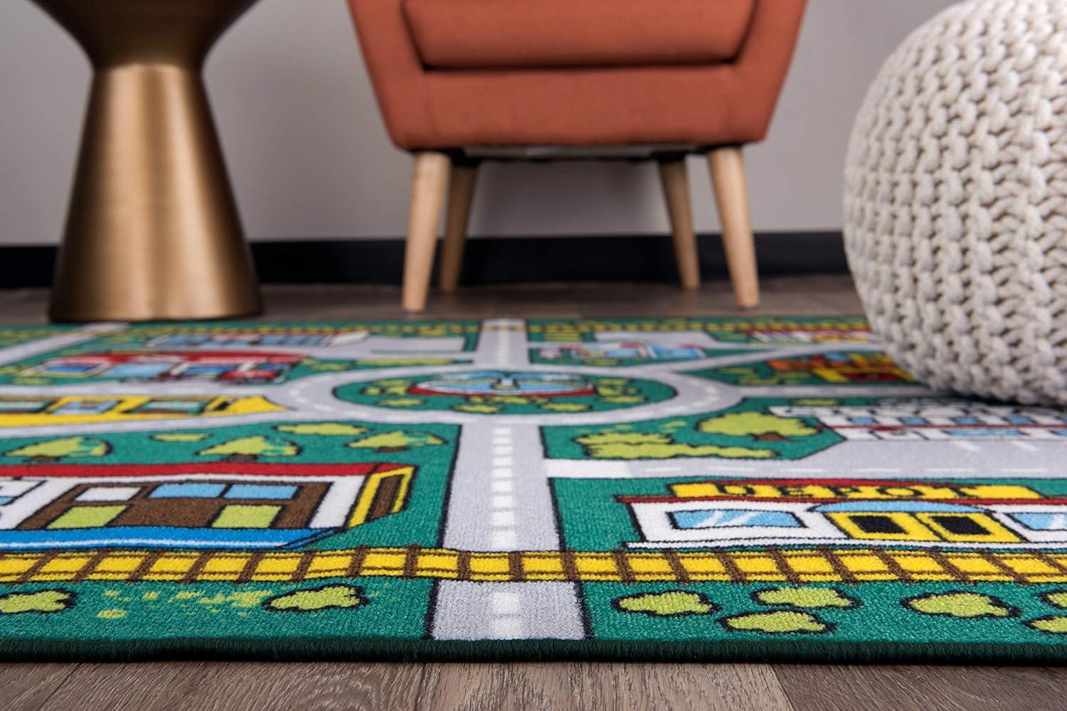 World Rug Gallery Kids Educational Learning City Life Road Non Slip Area Rug - Green 5' x 7'