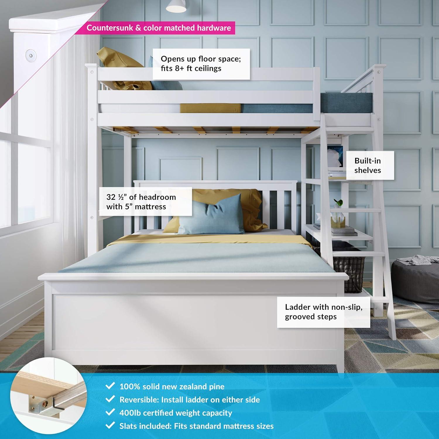 Max & Lily Solid wood L-Shaped Bunk Bed, Twin over Full with Bookcase for Kids, White