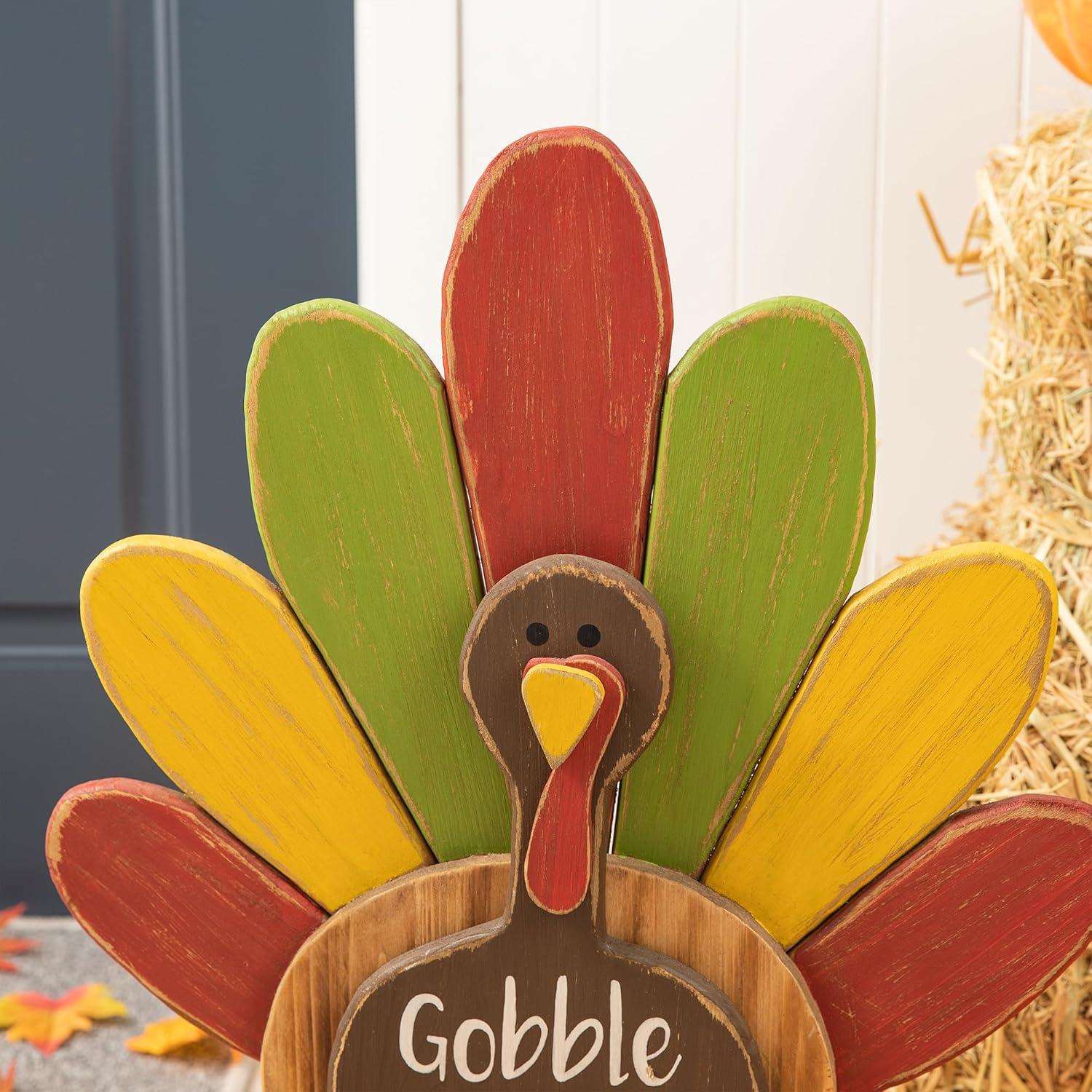 24.25" Colorful Wooden Thanksgiving Turkey Figurine Decor