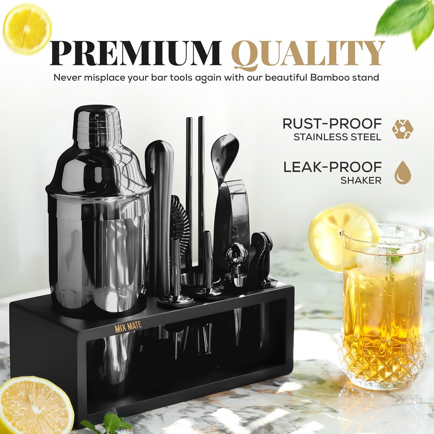 Black Stainless Steel 15-Piece Cocktail Shaker Set with Wood Stand