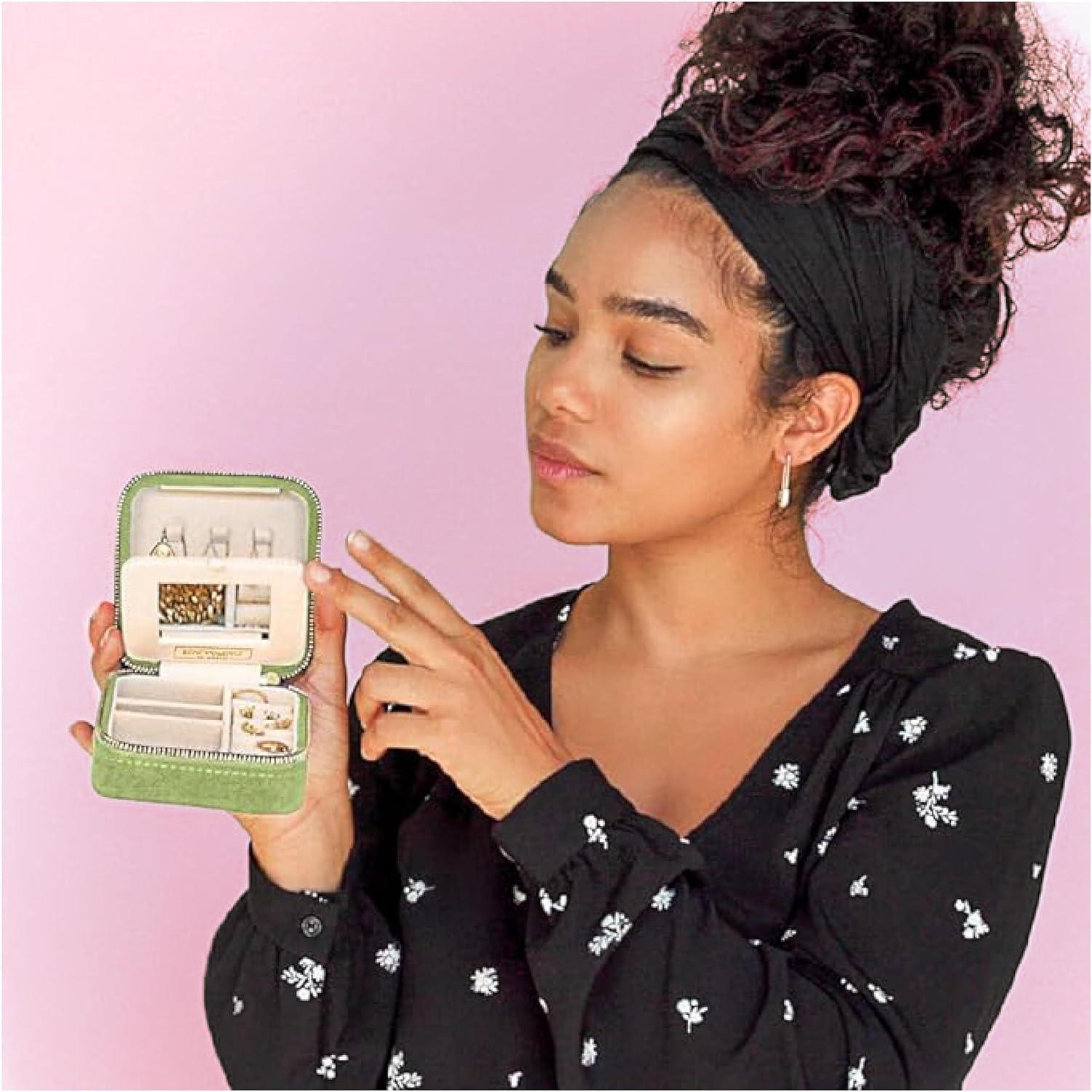 Benevolence LA Plush Velvet Square Travel Jewelry Box with Mirror- Mistletoe Green