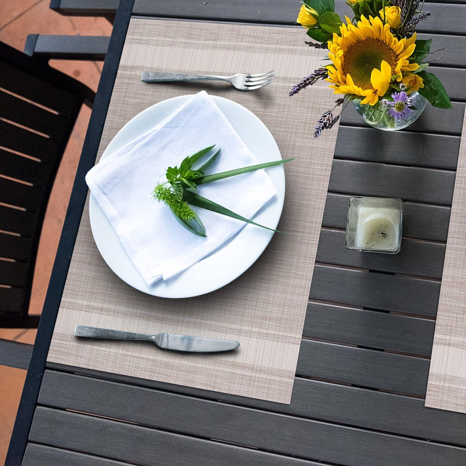 Set of 8 Heat-Resistant Placemats Stain Resistant Anti-Skid Placemats for Kitchen Table, Washable Durable PVC Table Mats Woven Vinyl Placemats Beige