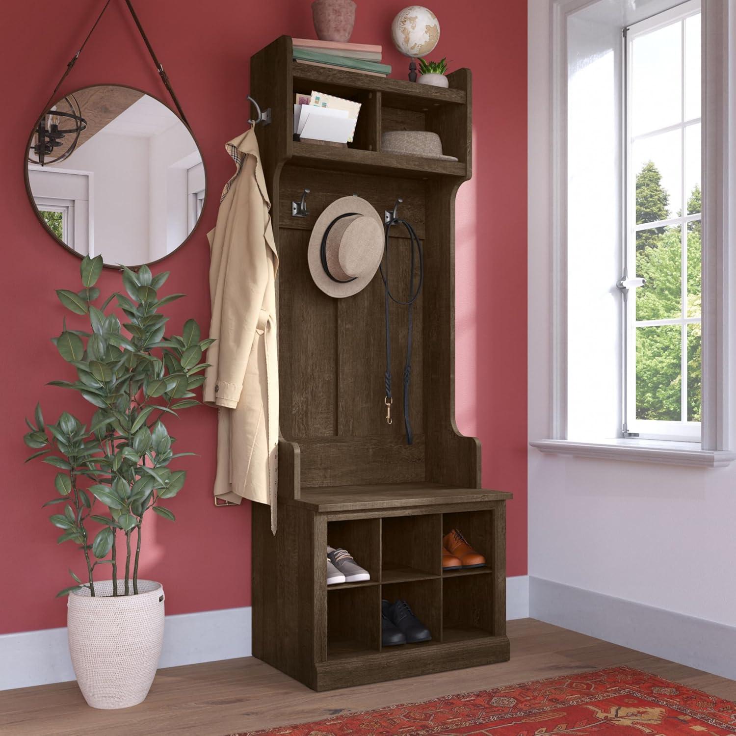 Woodland 24W Hall Tree & Shoe Bench w/ Shelves in Ash Brown - Engineered Wood