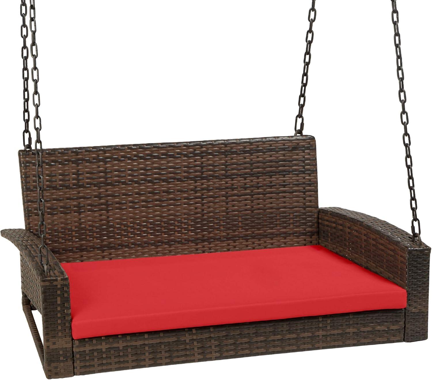 Best Choice Products Woven Wicker Hanging Porch Swing Bench for Patio, Deck w/ Mounting Chains, Seat Cushion - Brown/Red