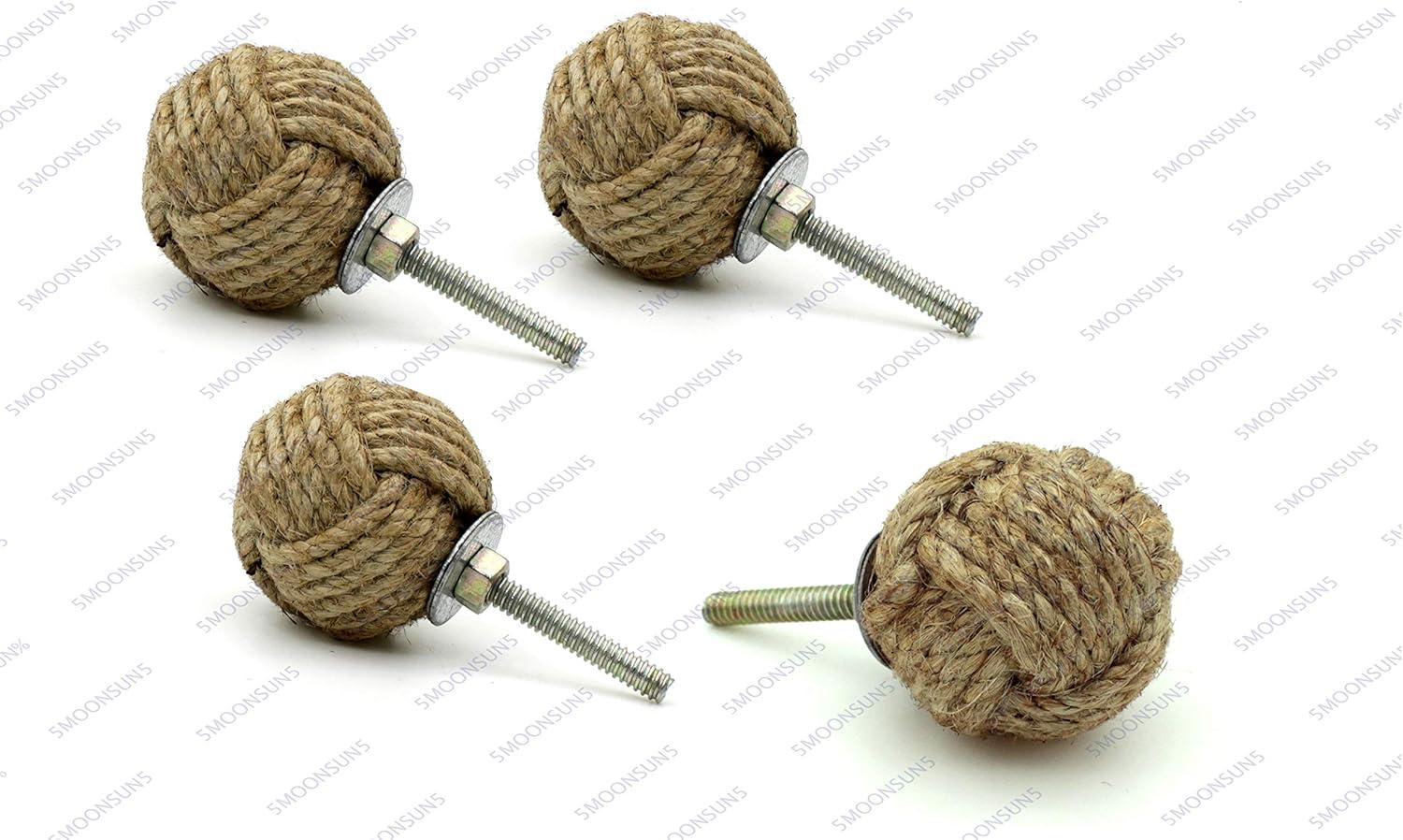 5MoonSun5's Jute Knobs Rope Knot Drawer Pulls and Knobs Pull and Push Handle Knobs for Cabinets, Wardrobes & Kitchen Cupboards Nautical knob Hardware Vintage Decor, 35 mm (Pack of 4)