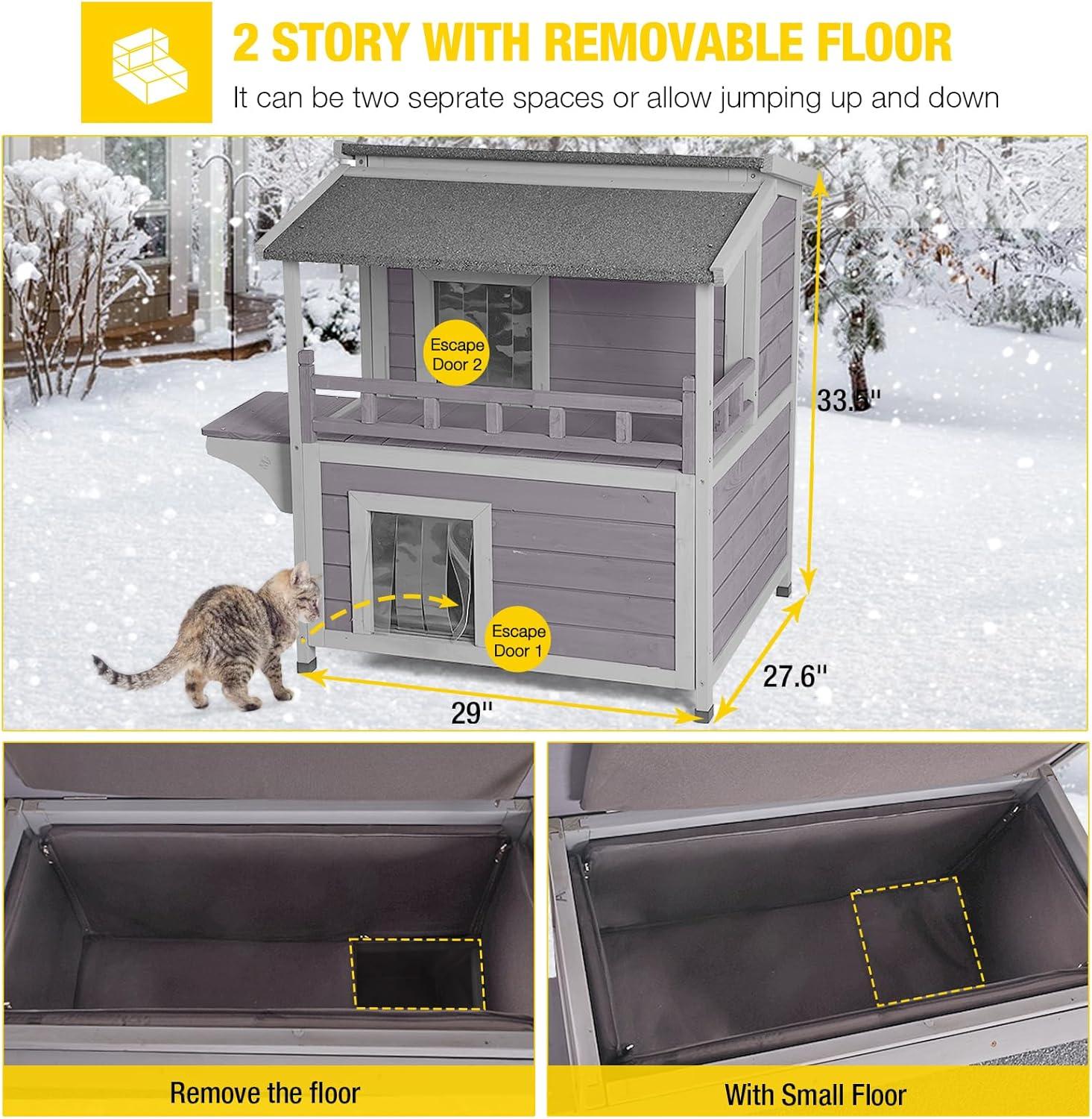 Insulated Two-Story Gray Outdoor Cat House with PVC Door