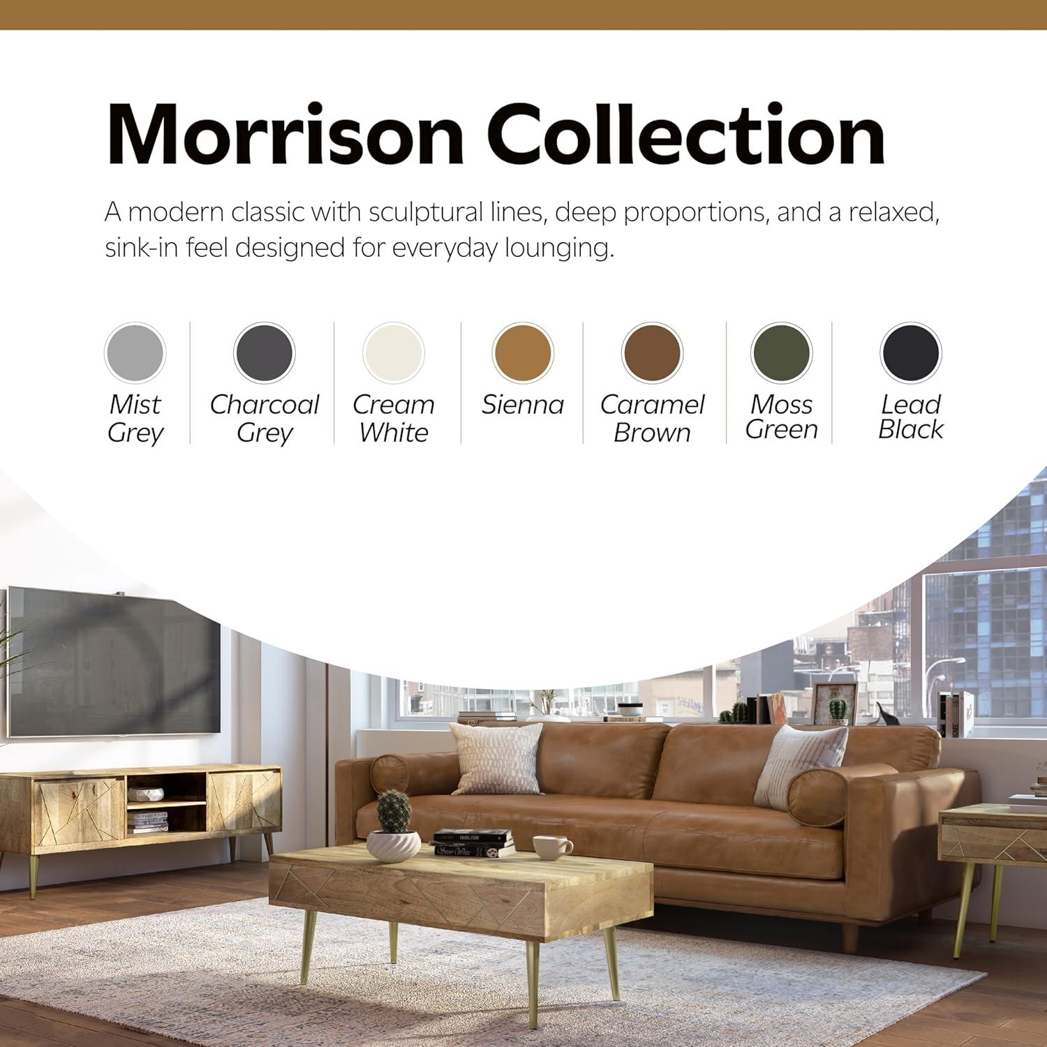 Simpli Home Morrison Genuine Leather Sofa, Mid-Century Modern Couch for Living Room, Handcrafted with Removable Cushions