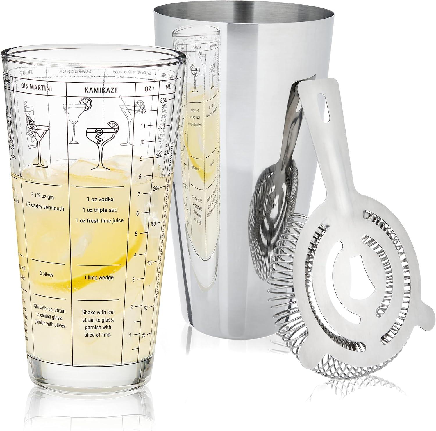 True 3-Piece Barware Set with 7 Cocktail Recipes and Measurements Printed on Mixing Glass, Glass and Stainless Steel, Multicolor