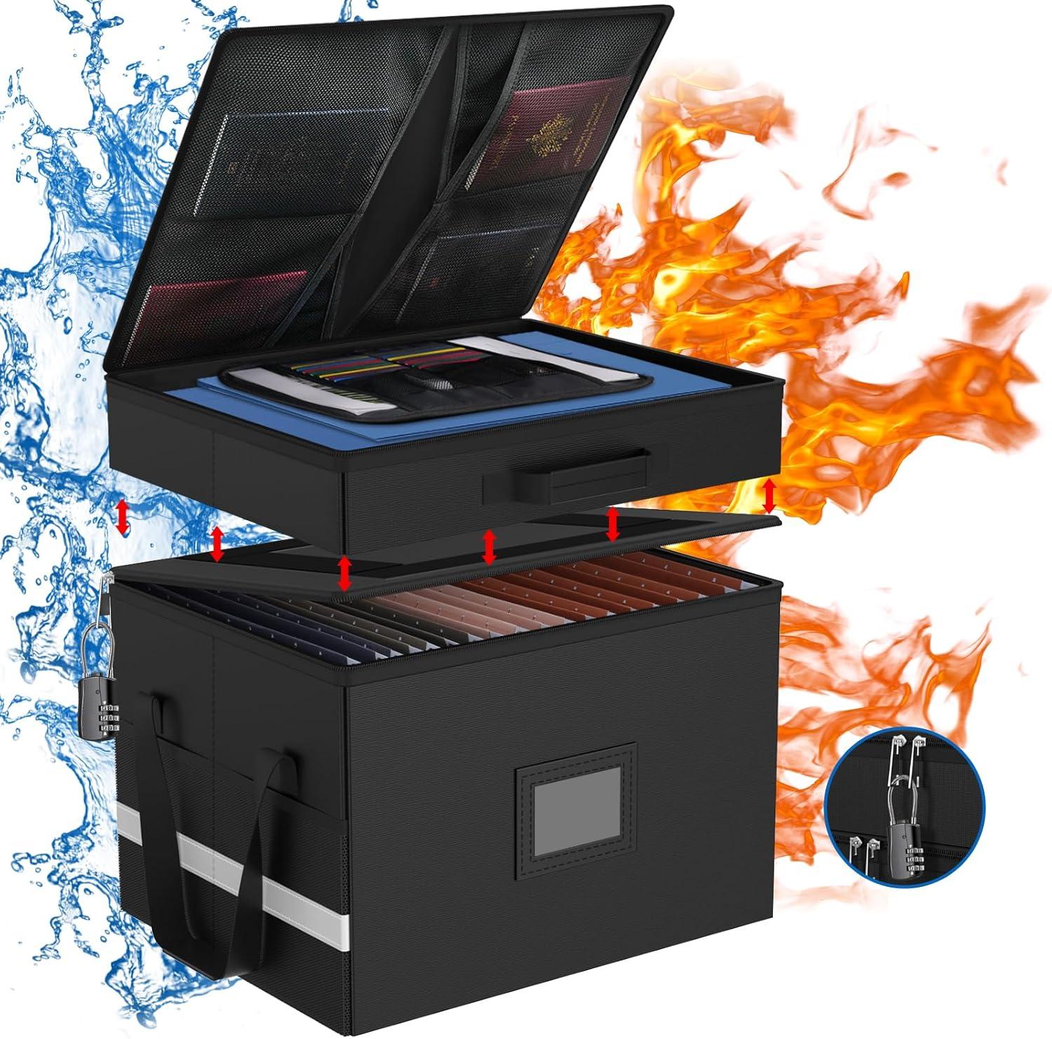 HAMOPY Modern Black Fireproof Document Box, 15.5 x 12.2 x 12.99 inches, 27 Compartments, Collapsible, Portable, Water Resistant, Zipper Closure