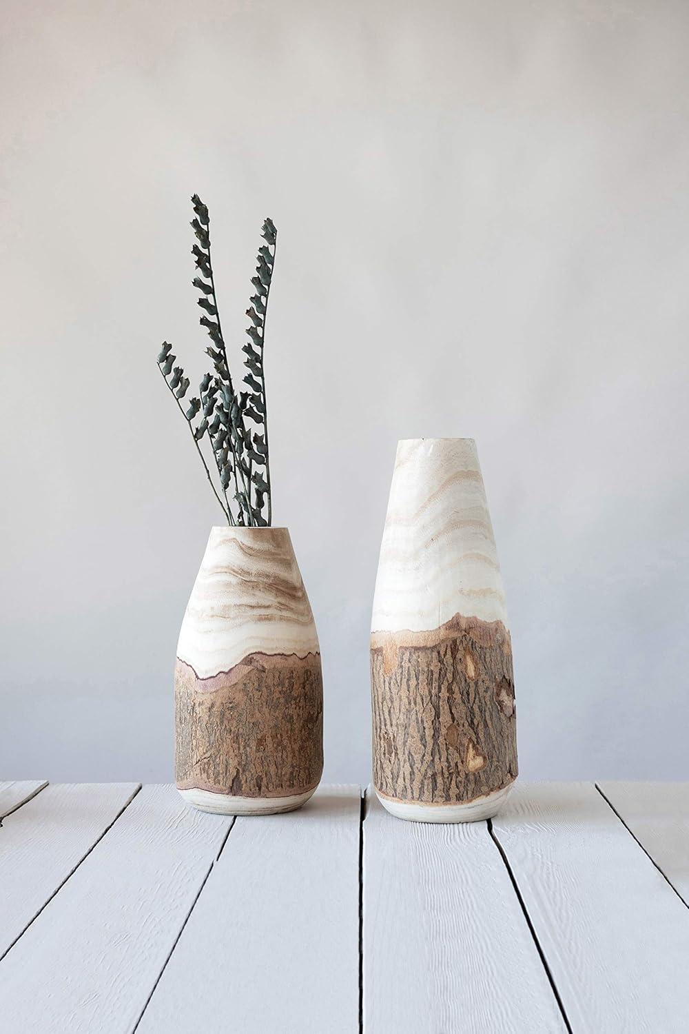 Creative Co-Op Carved Paulownia Wood Vase with Live Edge (Each one will vary)