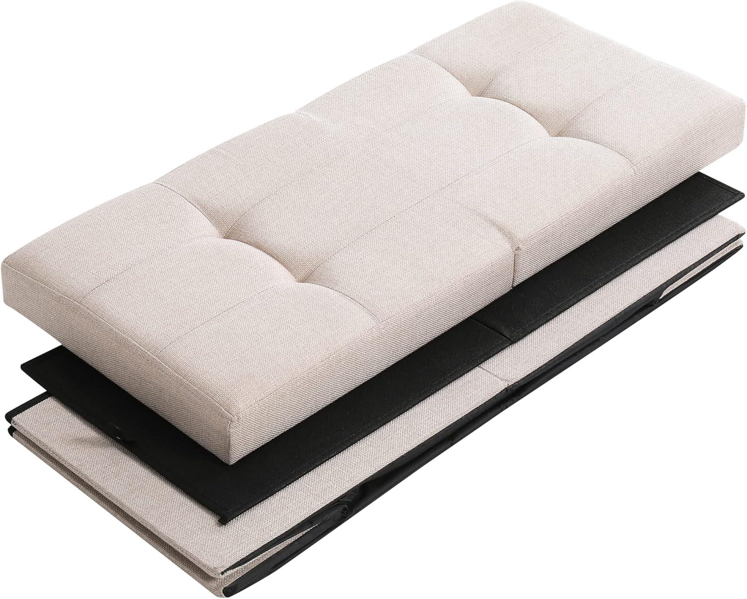 Beige Tufted Linen Foldable Storage Ottoman Bench