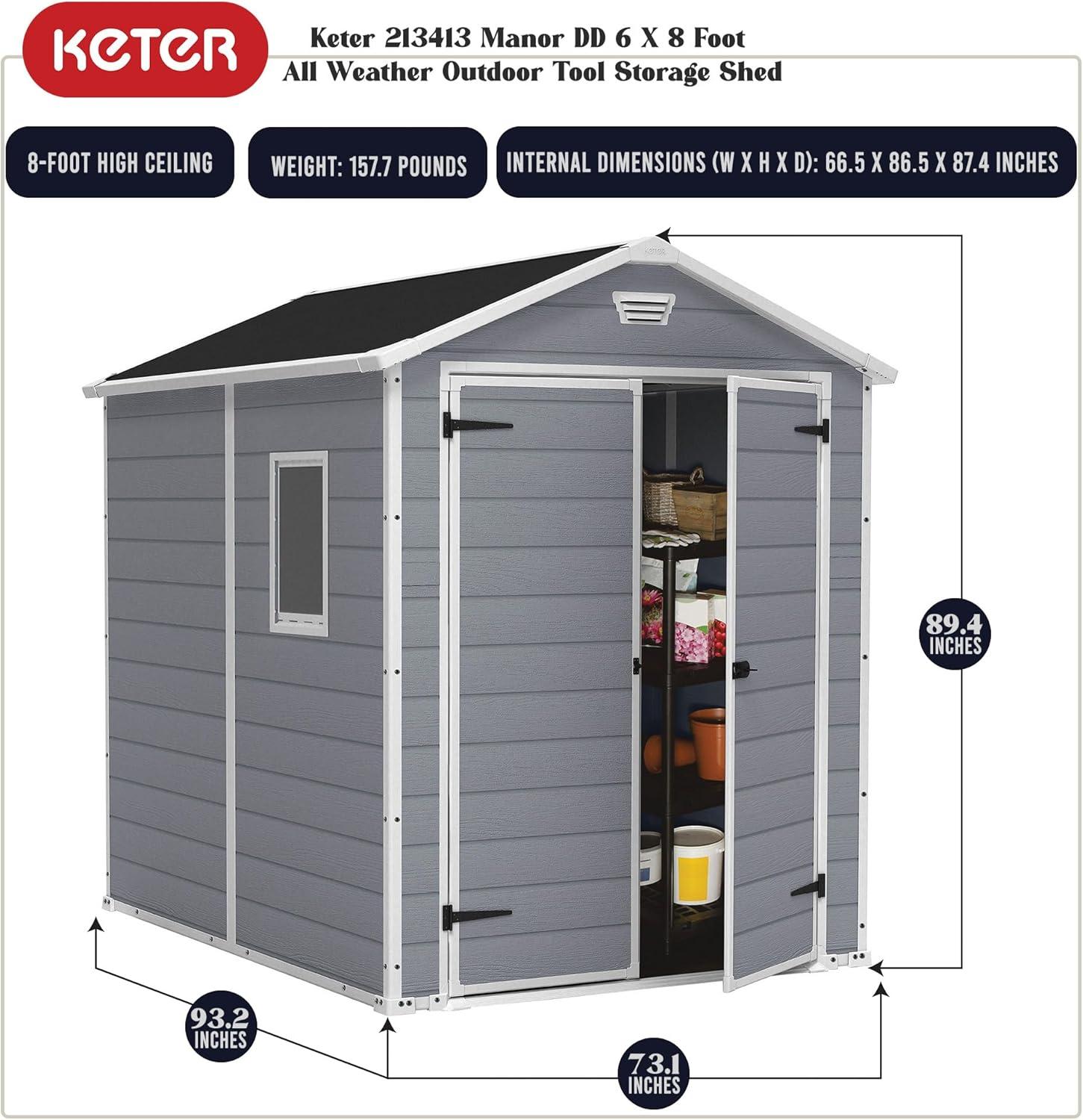 Keter 213413 Manor DD 6 X 8 Foot All Weather Outdoor Storage Shed, Grey