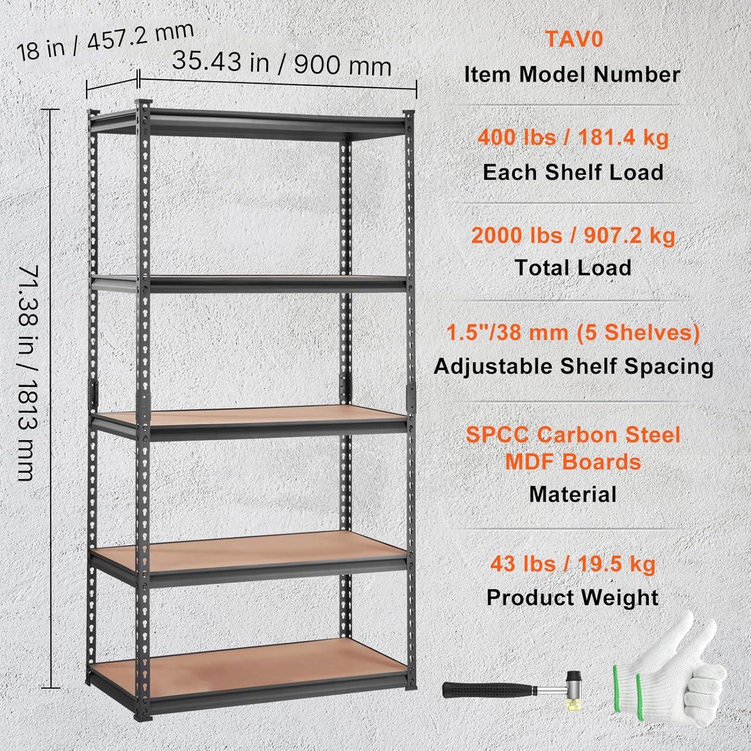 VEVOR Storage Shelving Unit, 5-Tier Adjustable 2000 lbs Capacity Heavy Duty Garage Shelves 36" L x 18" W x 72" H