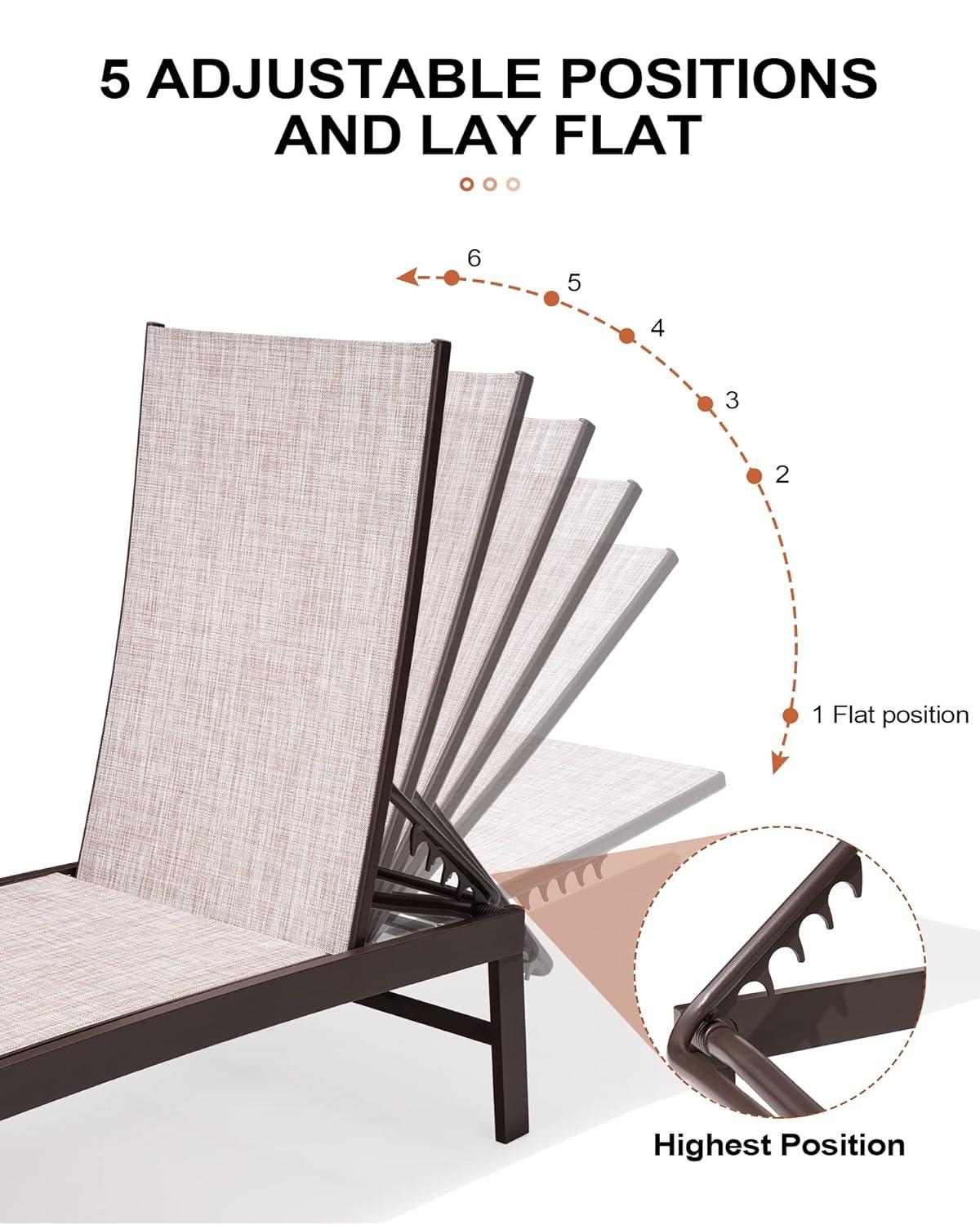 3pc Outdoor Five Position Adjustable Curved Aluminum Lounge Set Brown - Crestlive Products: Weather-Resistant Patio Furniture Set with Side Table