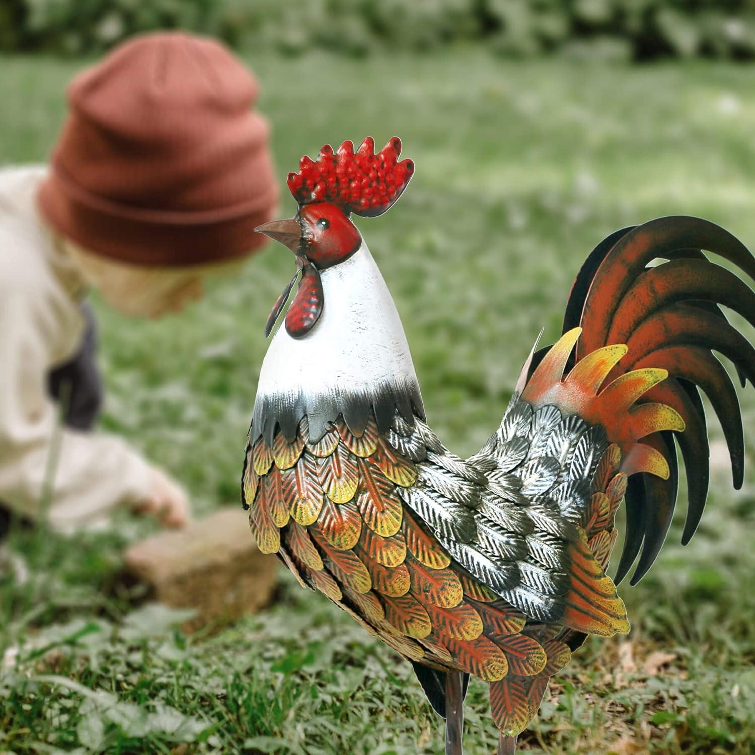 Hand-Painted Metal Rooster Garden Sculpture, 14" Tall