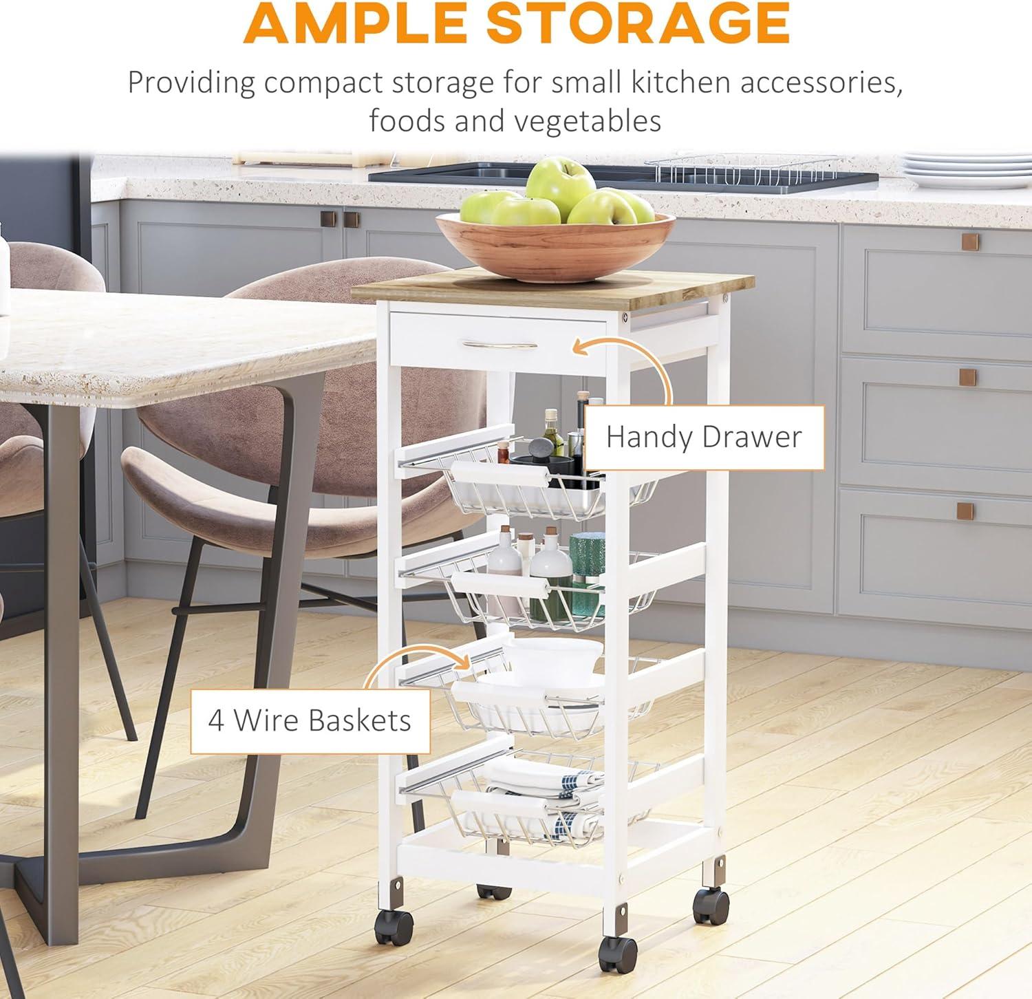 HOMCOM 32.25" Wooden Rolling Kitchen Storage Cart, Trolley Cart on 360° Swivel Wheels with Storage Drawer, Gray