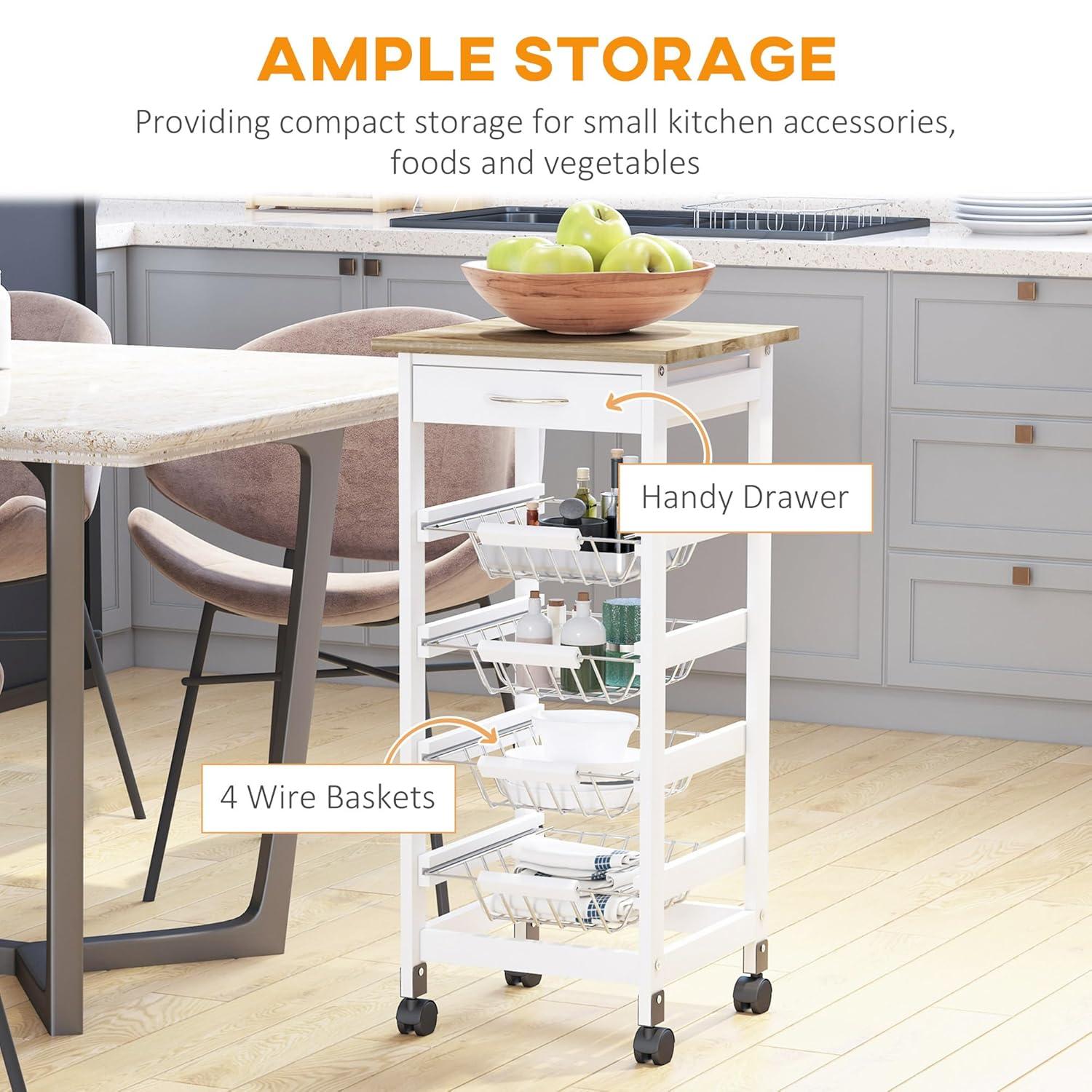 HOMCOM 32.25" Wooden Rolling Kitchen Storage Cart on 360° Swivel Wheels with Ample Storage Space & Solid Structure White