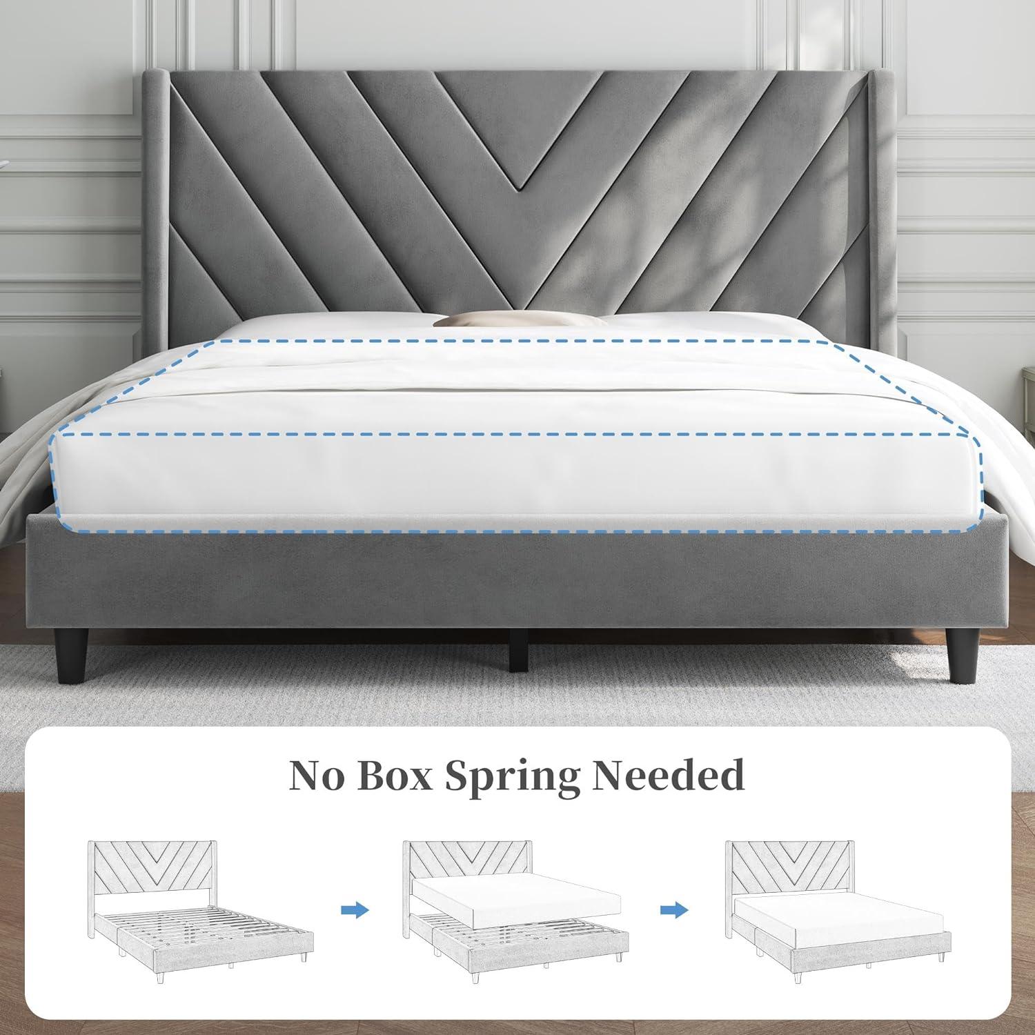 Killeryuki Full Bed Frame Upholstered Platform Bed with Wing Side Tufted Headboard/Sturdy Wooden Slat Support/No Box Spring Needed/Mattress Foundation,Light Gray Full Bed