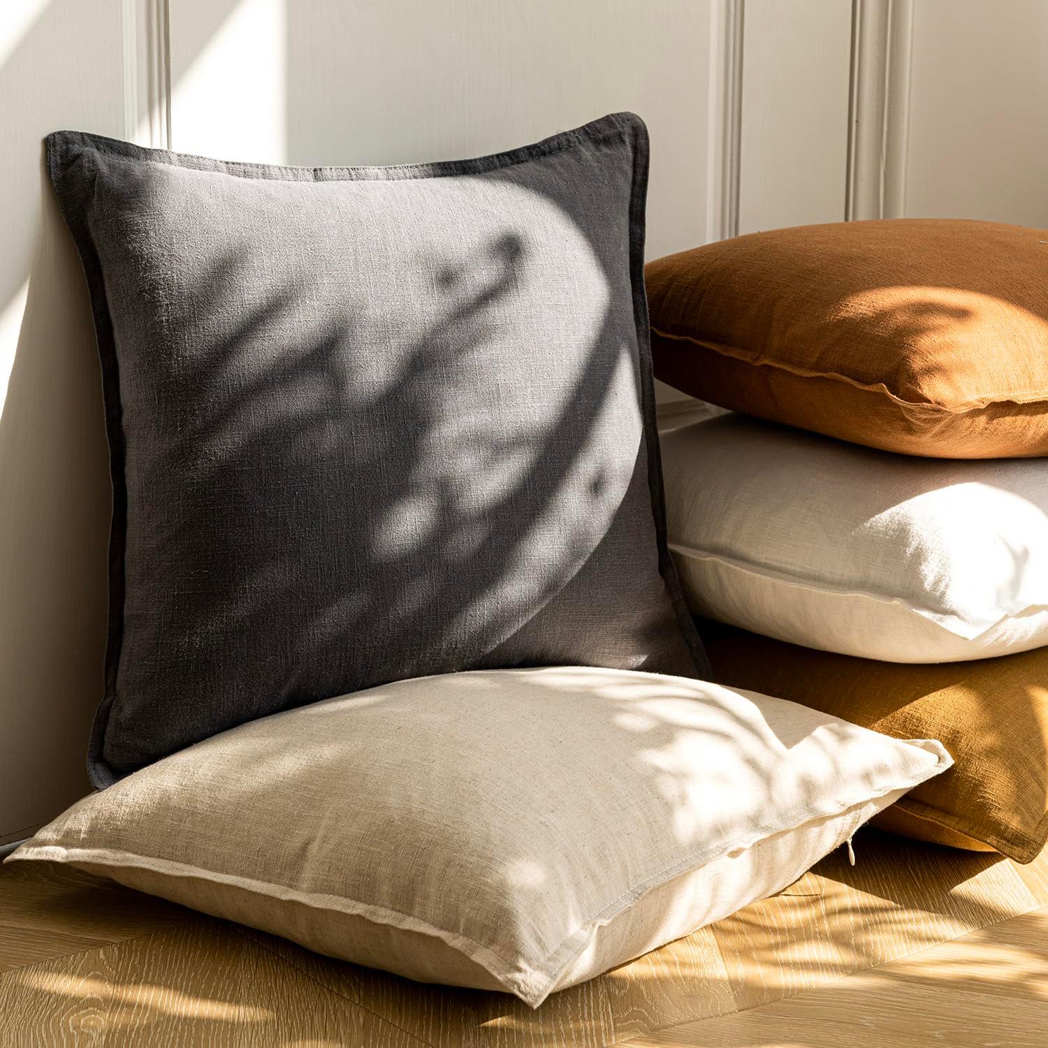 MADIZZ Set of 2 Linen Throw Pillow Covers with Broad Edge Soft Boho Decorative Pillow Cases for Sofa Bedroom Modern Pillow Shell 18x18 Inch Beige