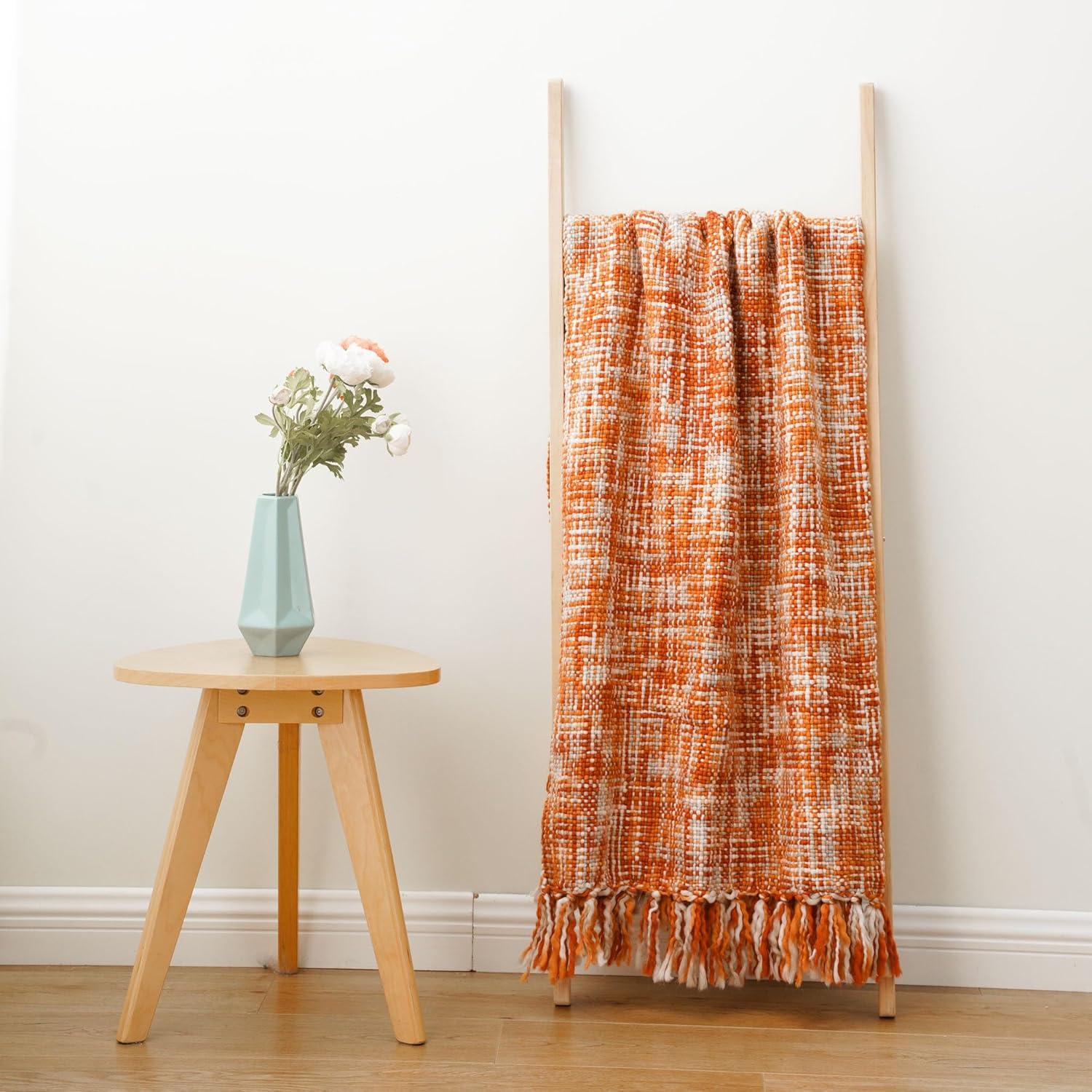 Brick Red Knitted Acrylic Throw Blanket with Fringes, 50"x60"