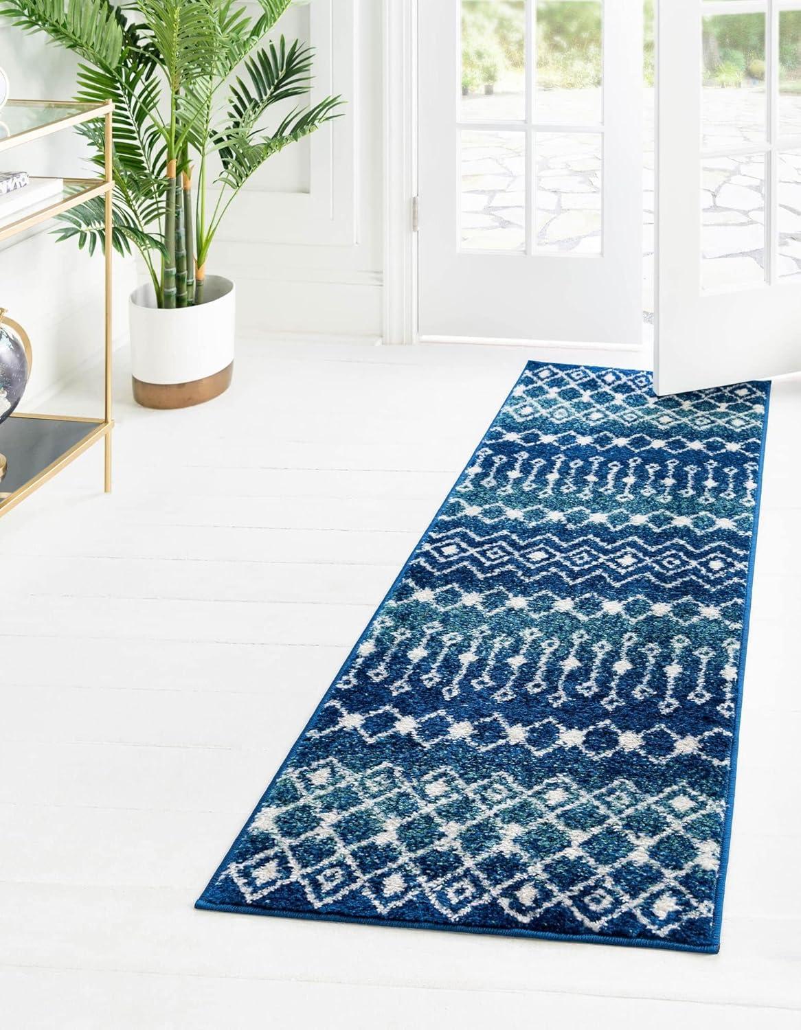 Unique Loom 2' 0 x 7' 0  Alaoui Geometric Trellis Navy and Teal Runner Rug