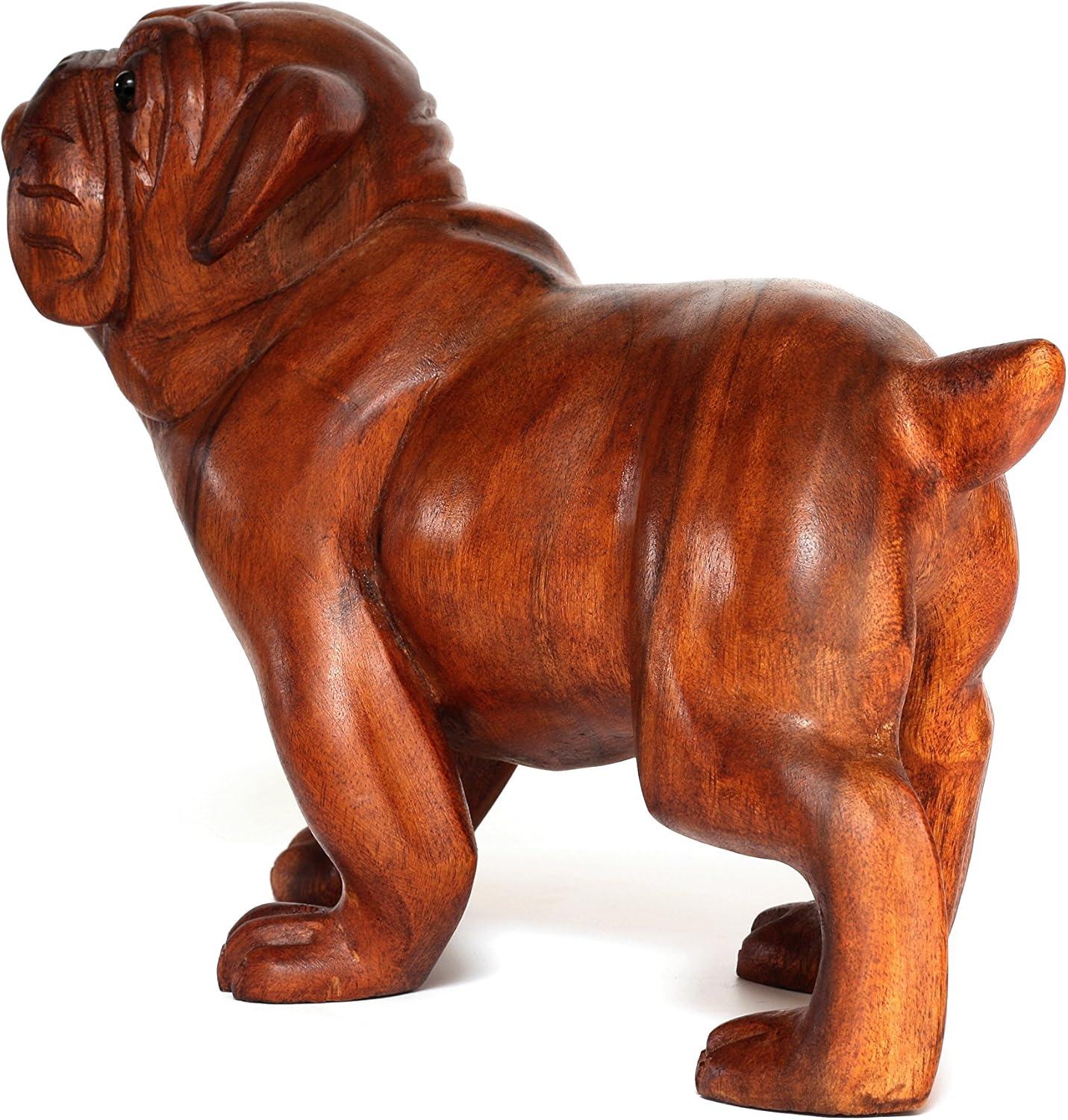 Hand Carved Wooden Bulldog Statue in Rustic Brown Finish