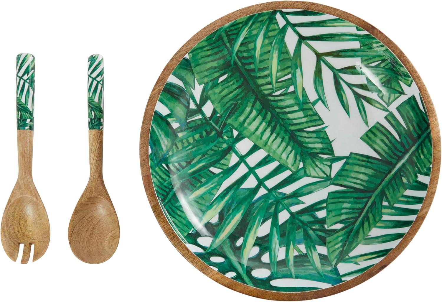 Deco 79 Mango Wood Handmade Decorative Bowl with Matching Salad Serving Utensils, Set of 3 15", 11", 11" W, Green