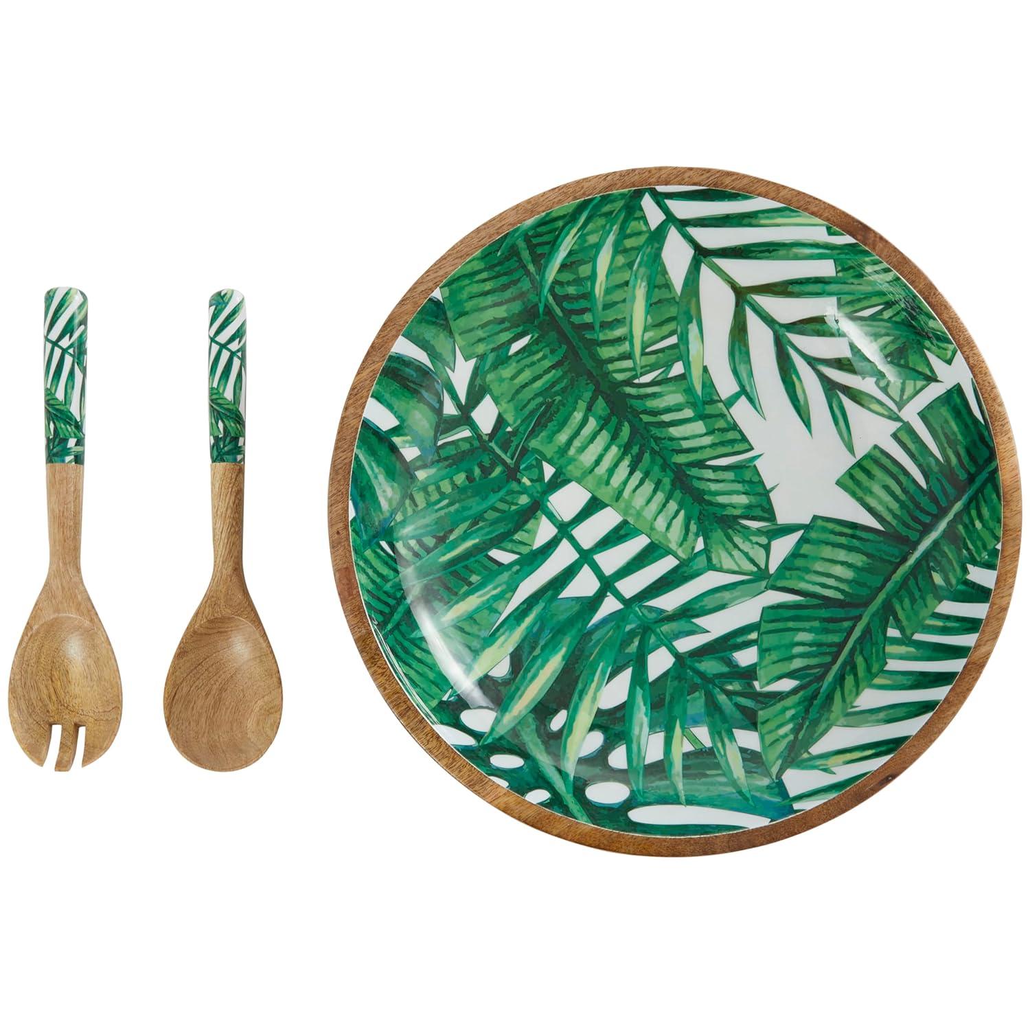 Deco 79 Mango Wood Handmade Decorative Bowl with Matching Salad Serving Utensils, Set of 3 15", 11", 11" W, Green