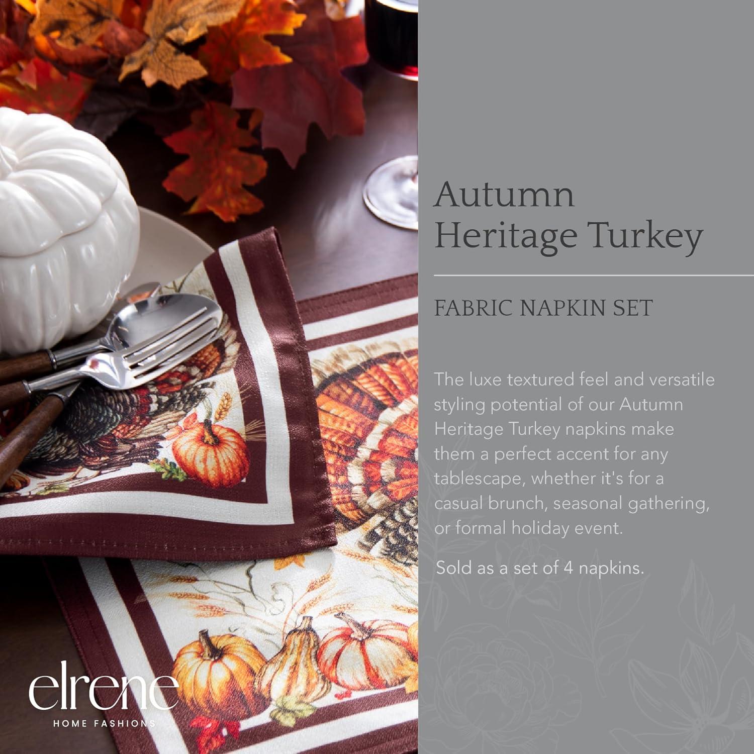 Autumn Heritage Turkey Engineered Napkins, Set of 4 - Multicolor - 17x17 - Elrene Home Fashions