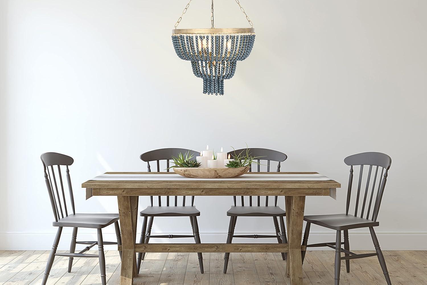 Blue Wood Bead 2-Tier Chandelier with Brass Accents