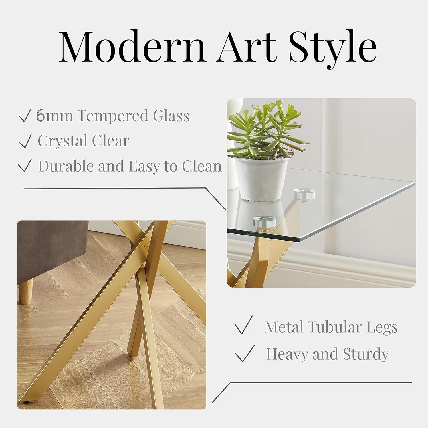 Modern Style Square Side Table with Tempered Glass Top and Metal Tubular Legs, Gold 20”Dx20”Wx22”H