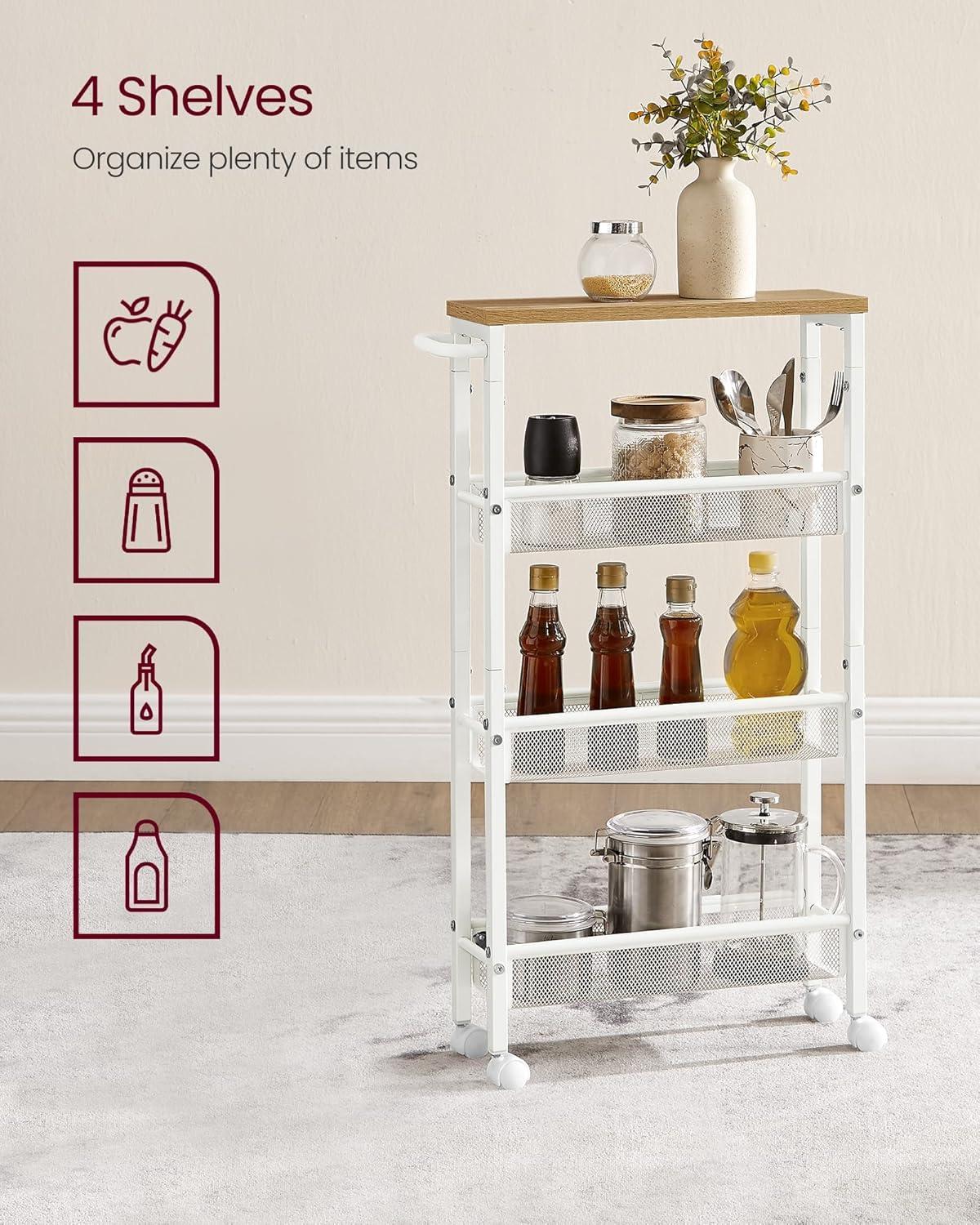 Oak Beige Modern 4-Tier Kitchen Cart with Metal Frame