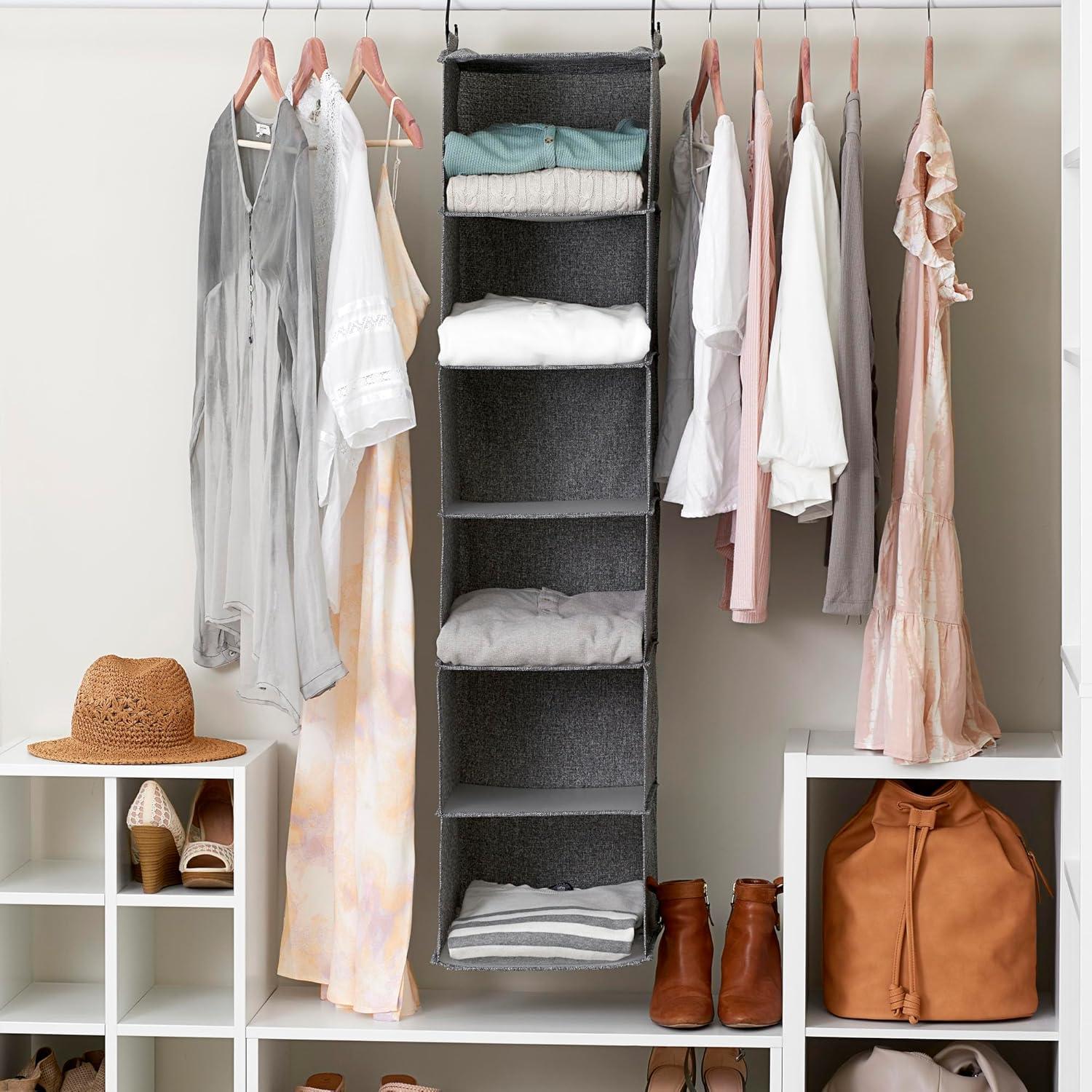 Household Essentials 6 Shelf Hanging Organizer Graphite Linen: Closet Hanging Storage, Fixed Shelves, Gray, 48" Height