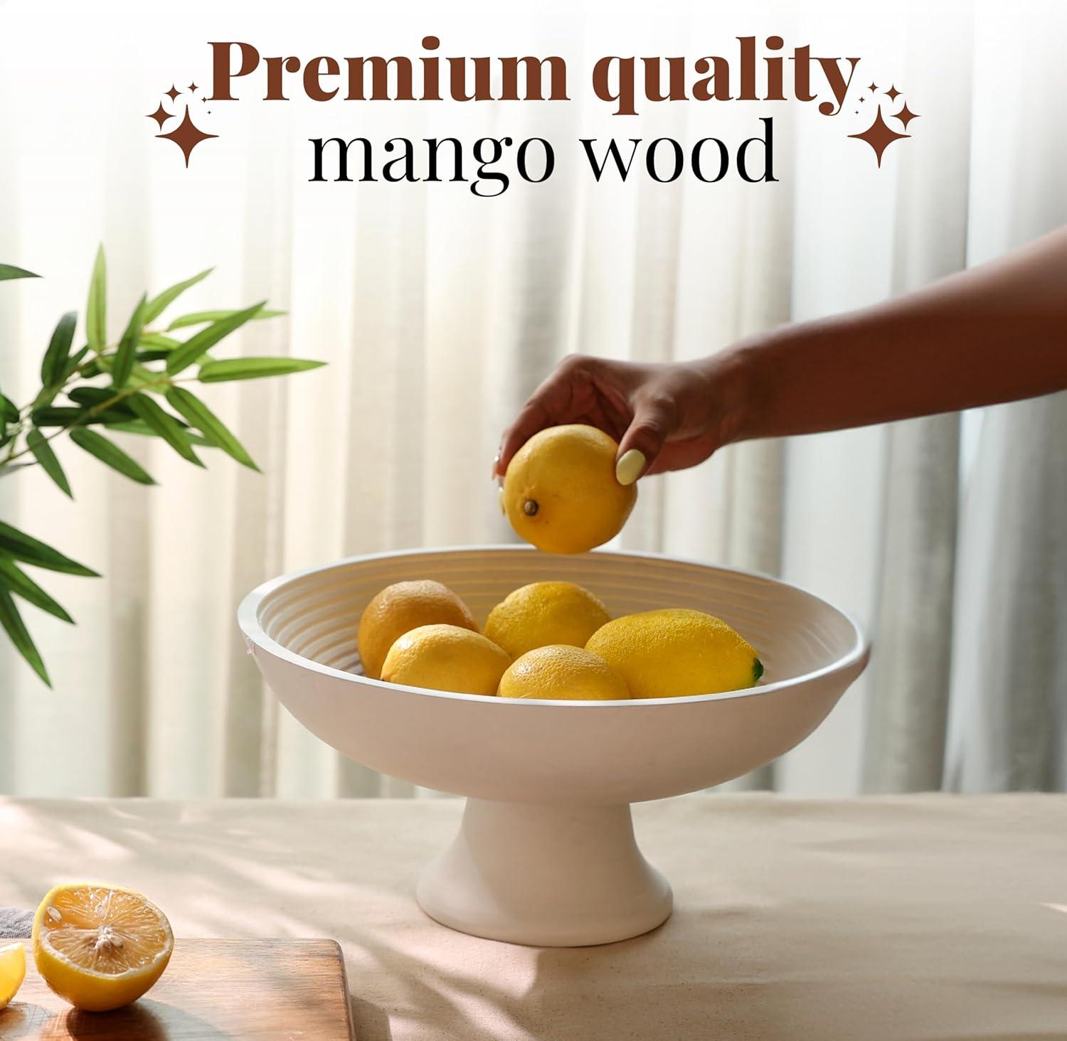 White Round Mango Wood Fruit Bowl for Serving and Decor