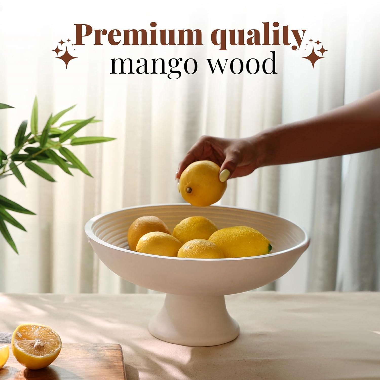 White Round Mango Wood Fruit Bowl for Serving and Decor