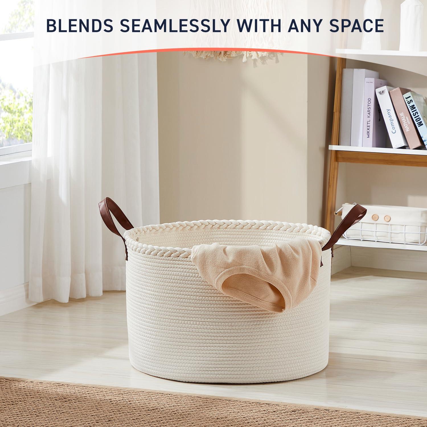 XLarge Round Cotton Rope Storage Basket Bin Organizer Laundry Hamper with Leather Handles, 21 x 21 x 14, Extra Large Blanket Woven Toy Basket for Baby Nursery - Cream