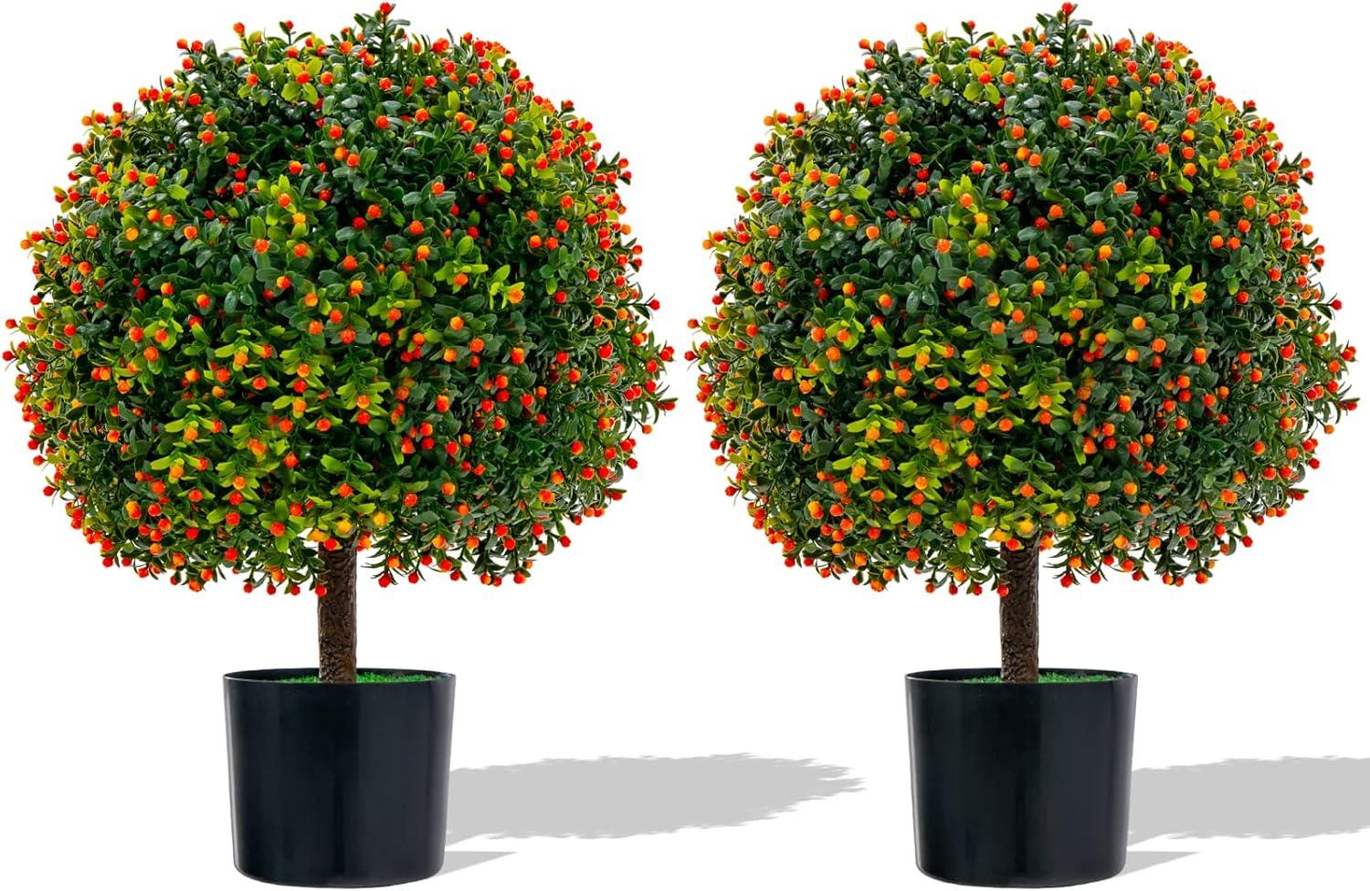 22'' Artificial Boxwood Topiary Ball Tree with Orange Fruits in Cement Pot