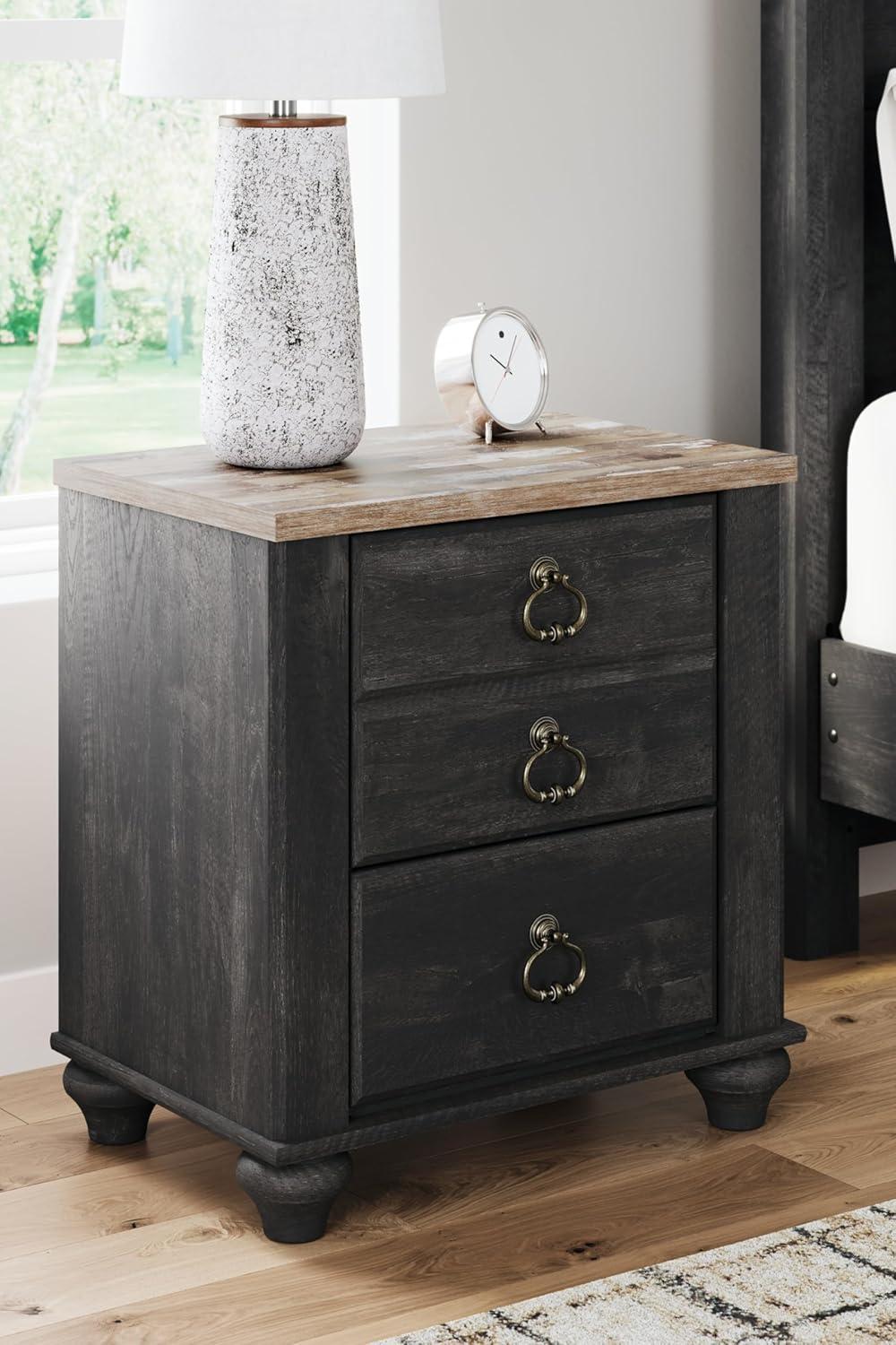 Beige and Black 2-Drawer Nightstand with USB Ports