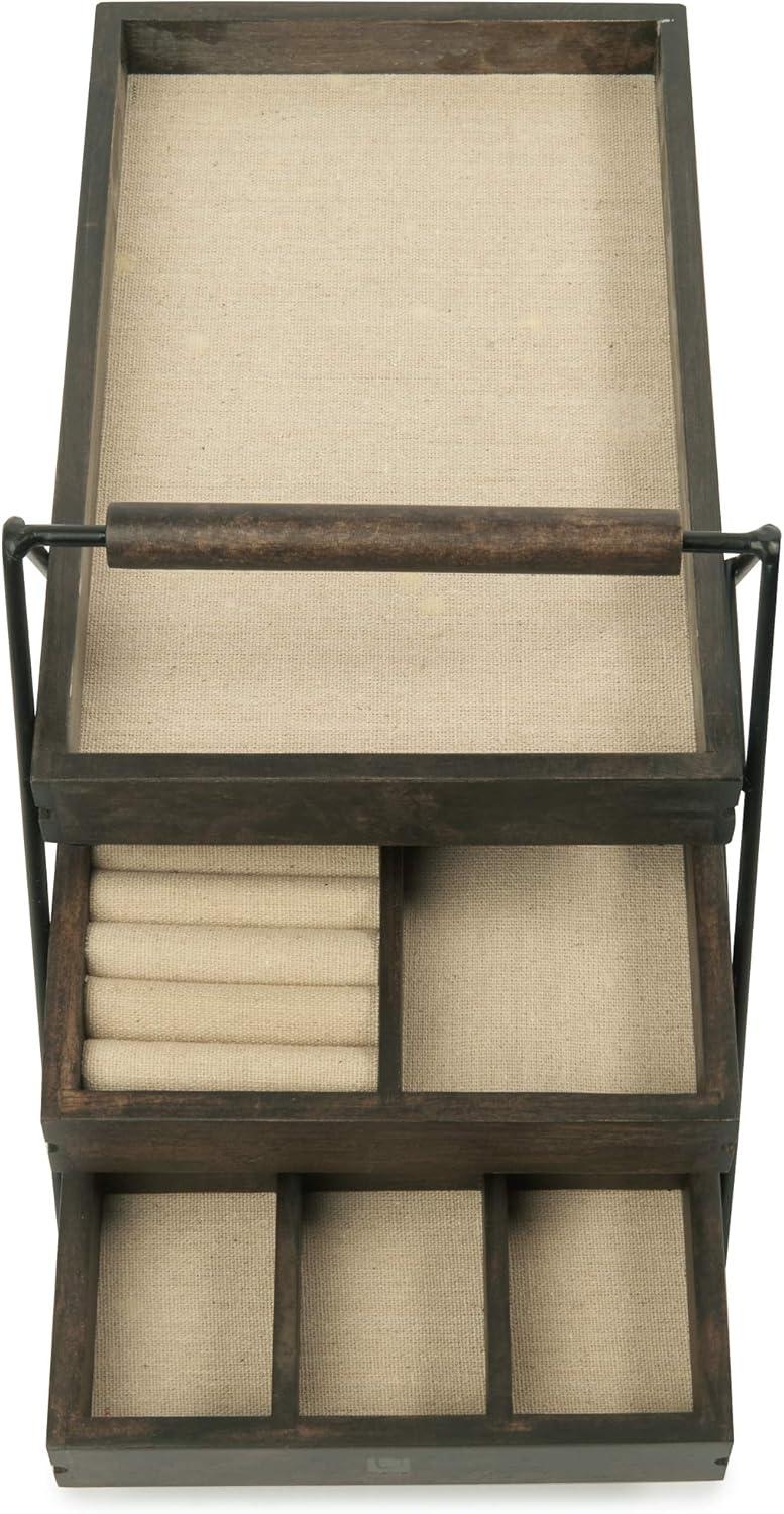 Walnut and Black 3-Tier Jewelry Organizer with Linen Lining