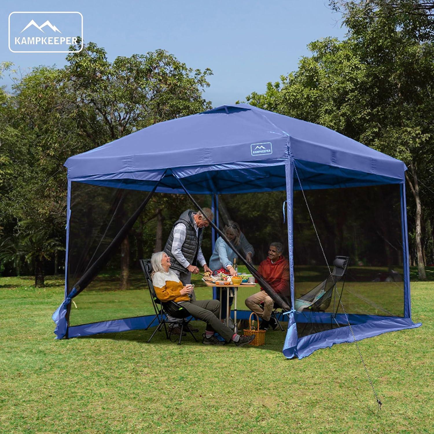 KAMPKEEPER 10x10 Pop Up Canopy Tent with Mosquito Netting - Waterproof Screen Shelter for Sun Shade, Camping, Beach and Outdoor Events, Navy Blue